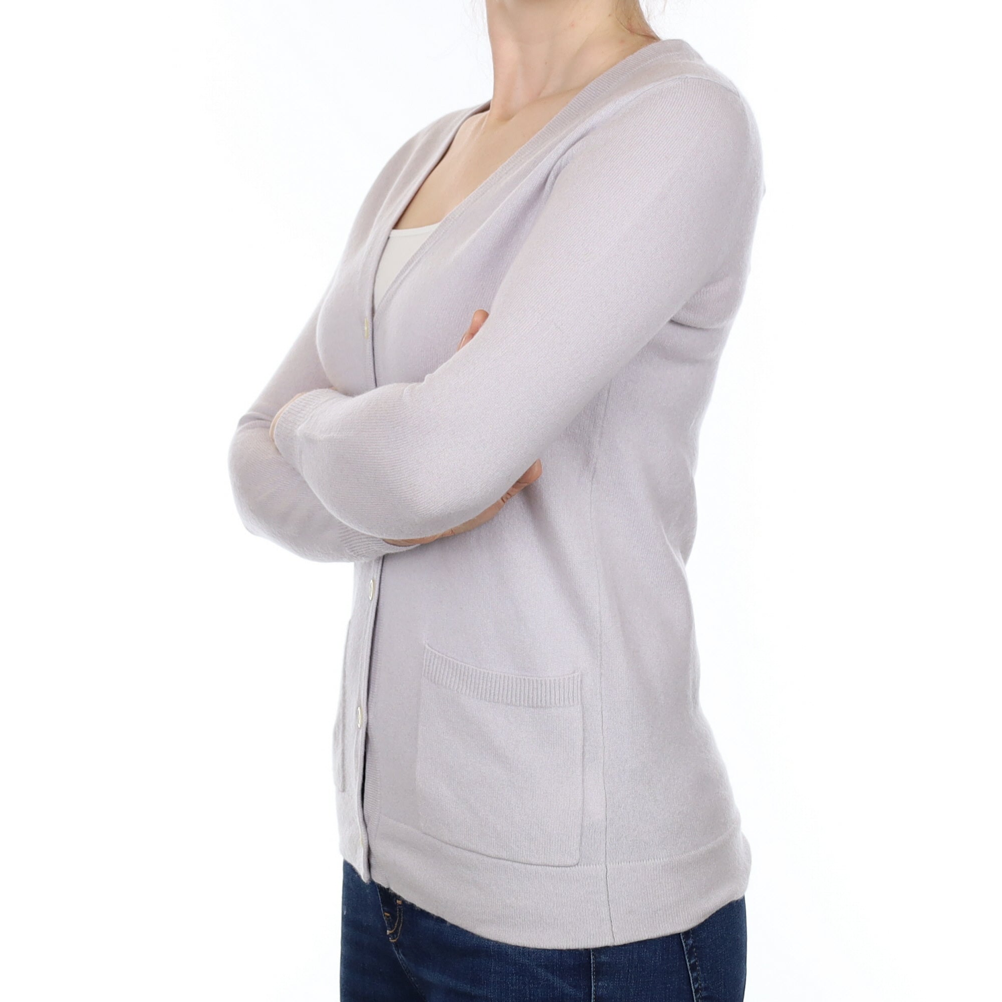 Dove Grey Cashmere V Neck Cardigan with Pockets Small