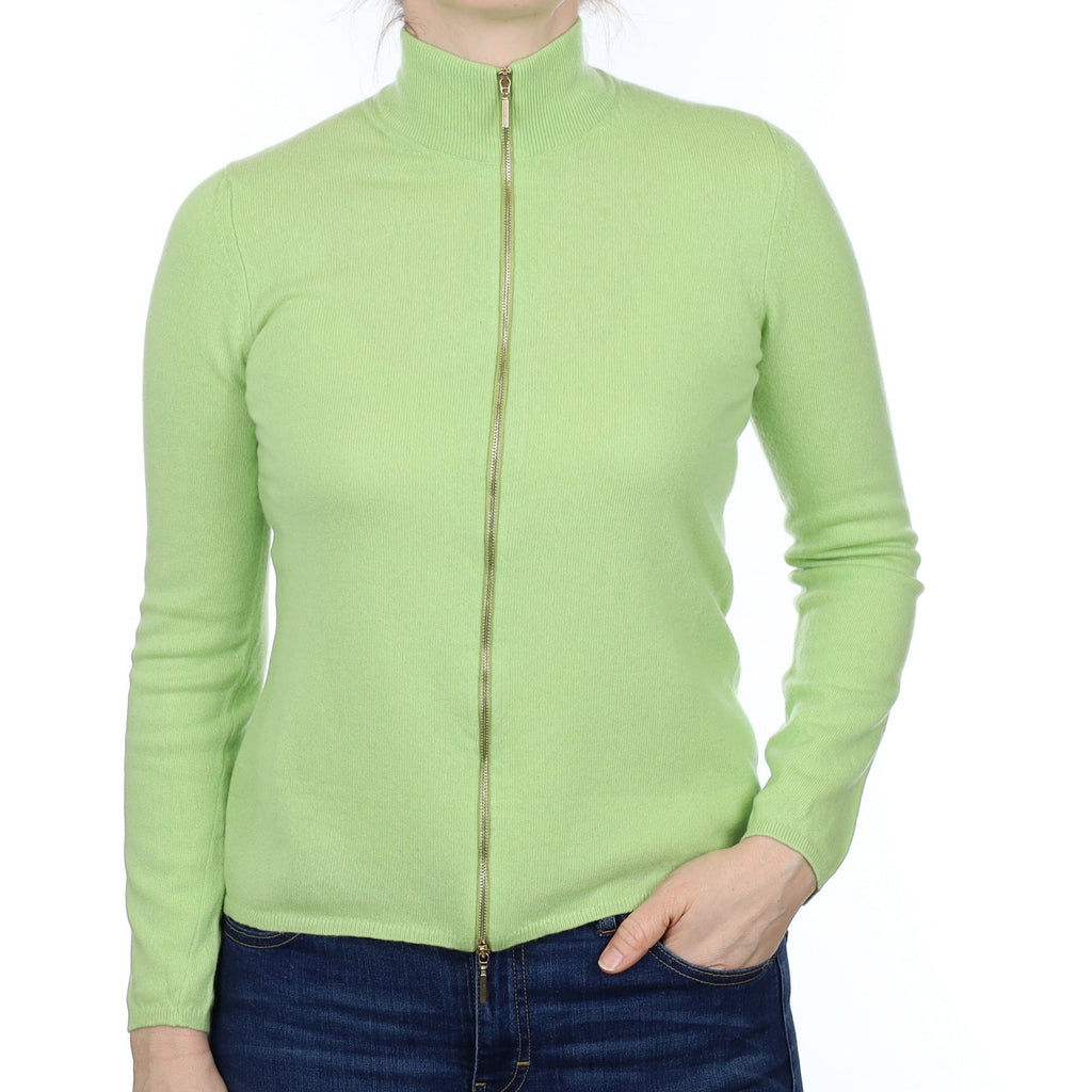 Lime Green Cashmere Zip Up Turtle Neck Cardigan Small