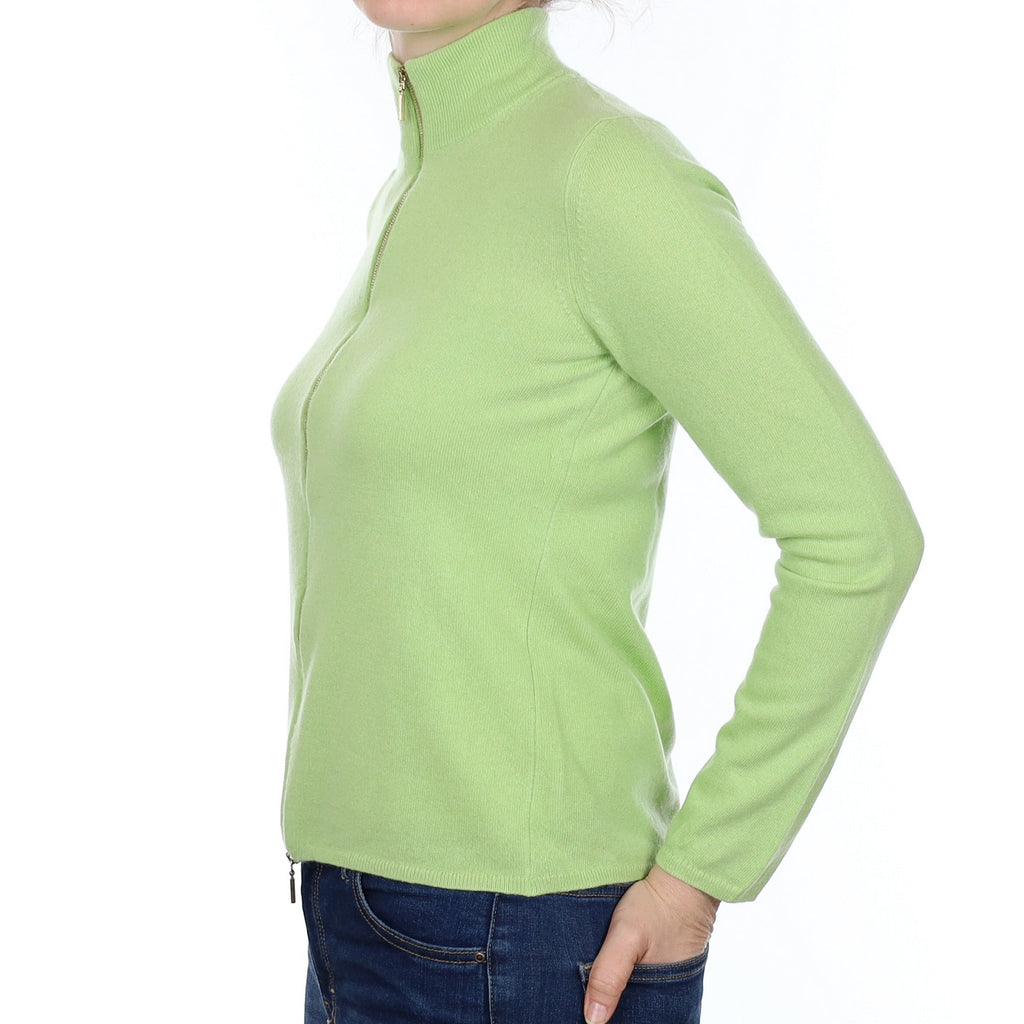 Lime Green Cashmere Zip Up Turtle Neck Cardigan Small