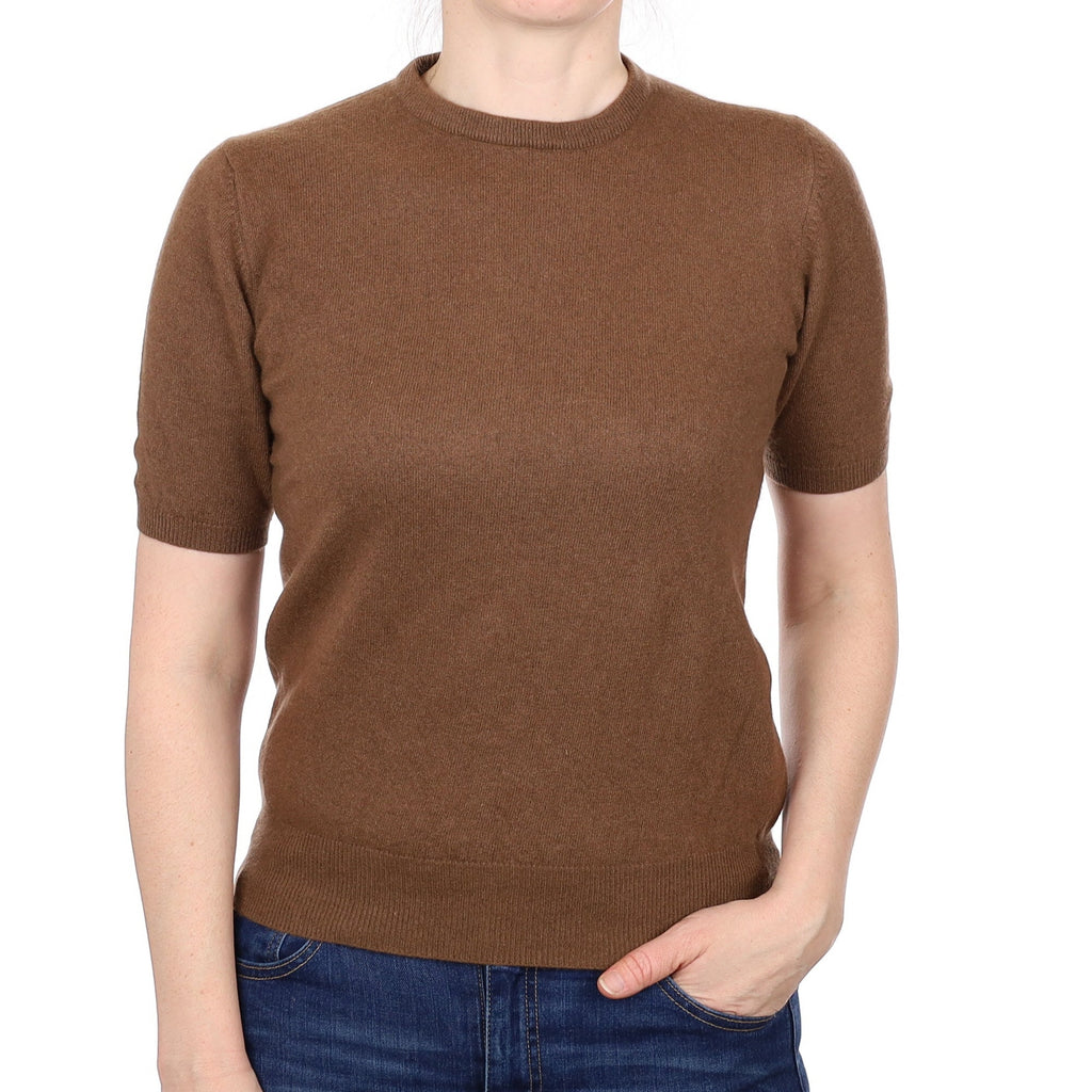 Chocolate Brown Cashmere Short Sleeved Crew Neck Jumper Small