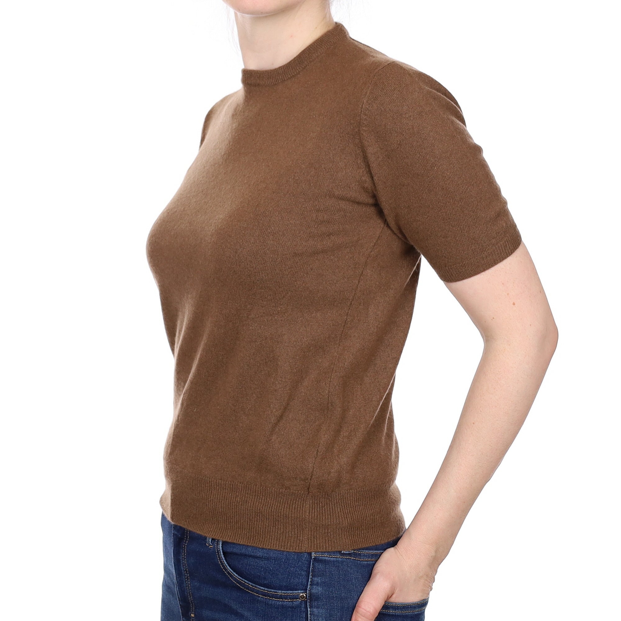 Chocolate Brown Cashmere Short Sleeved Crew Neck Jumper Small