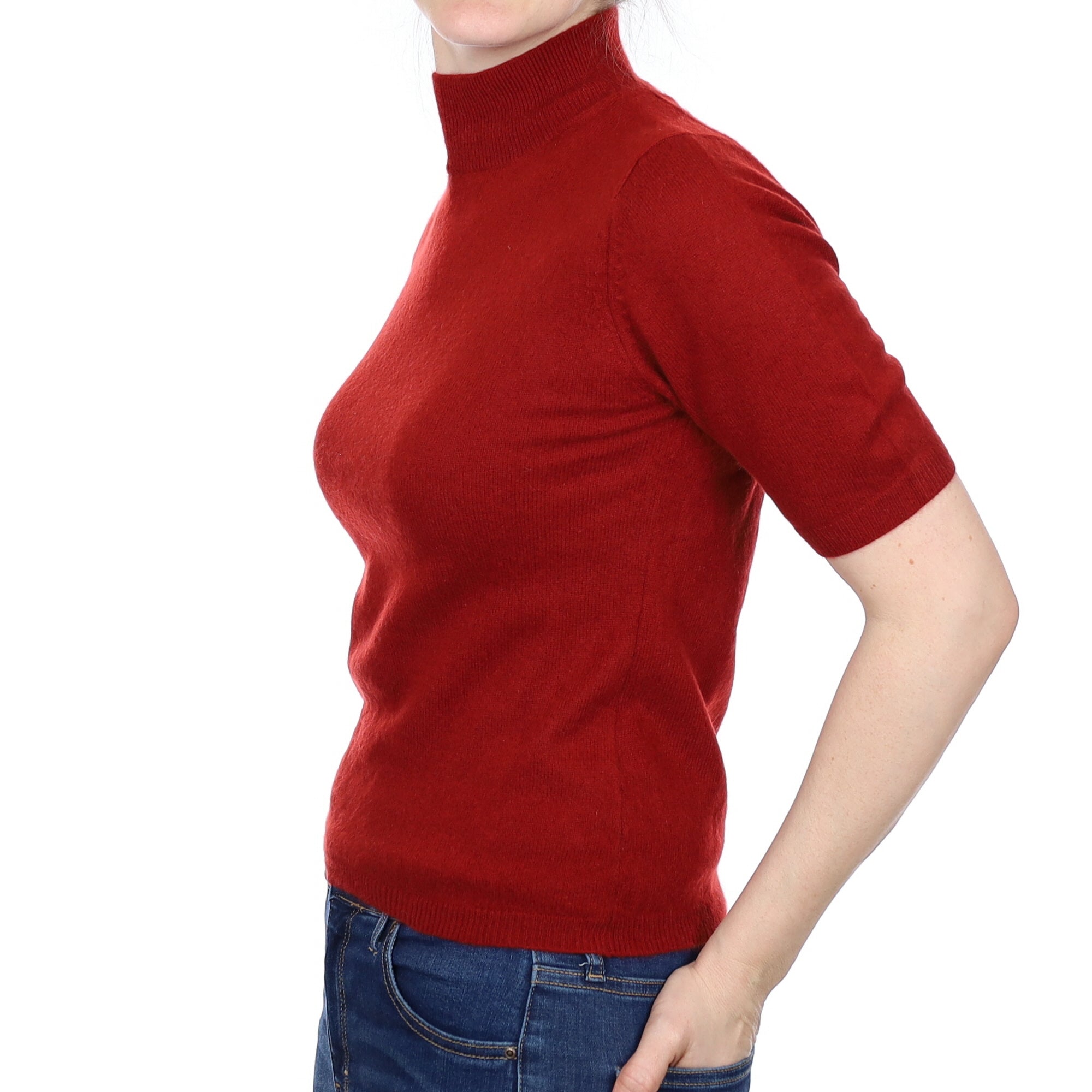 Rust Red Cashmere Short Sleeve Turtleneck Jumper Small