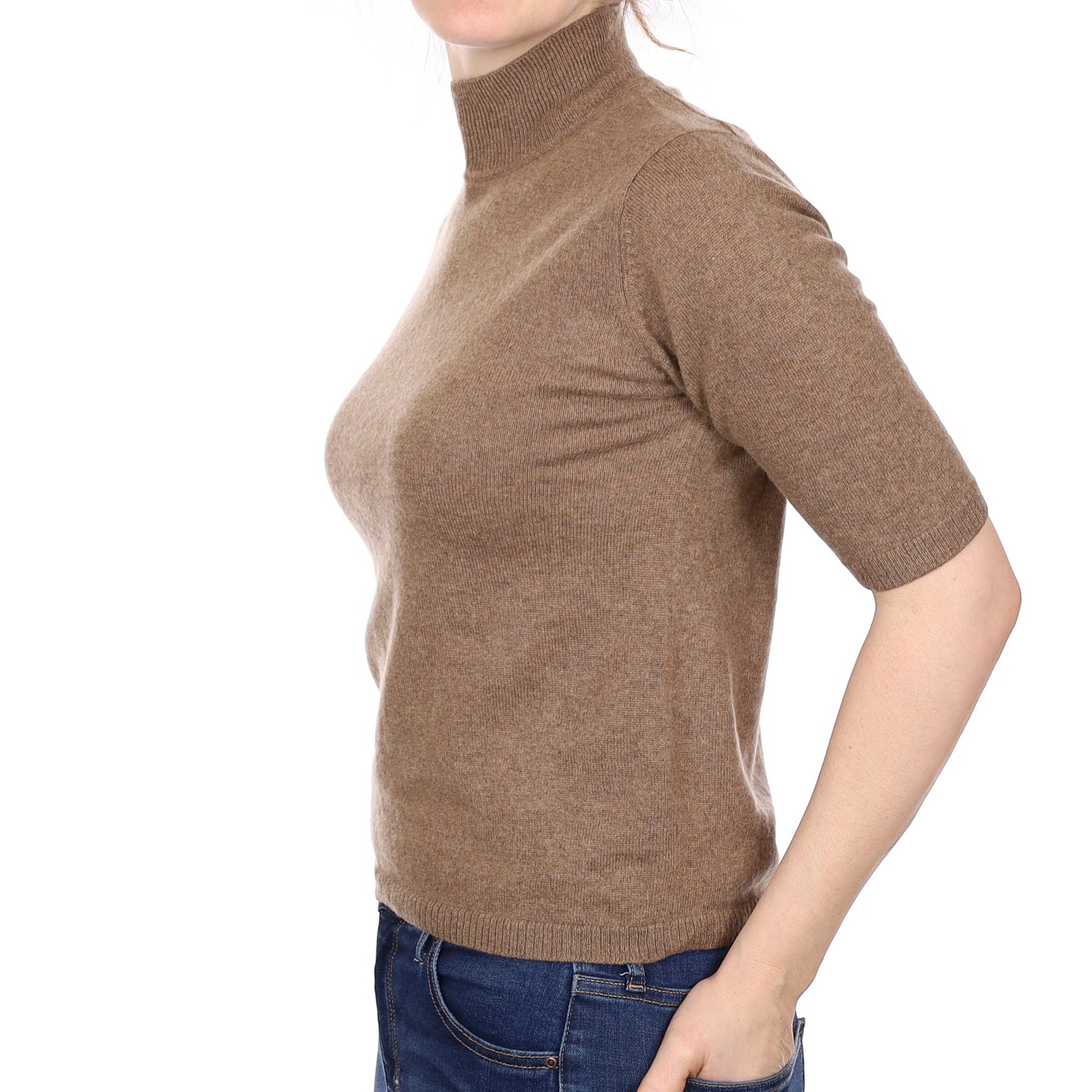 Nutmeg Brown Cashmere Short Sleeve Turtle Neck Jumper Small