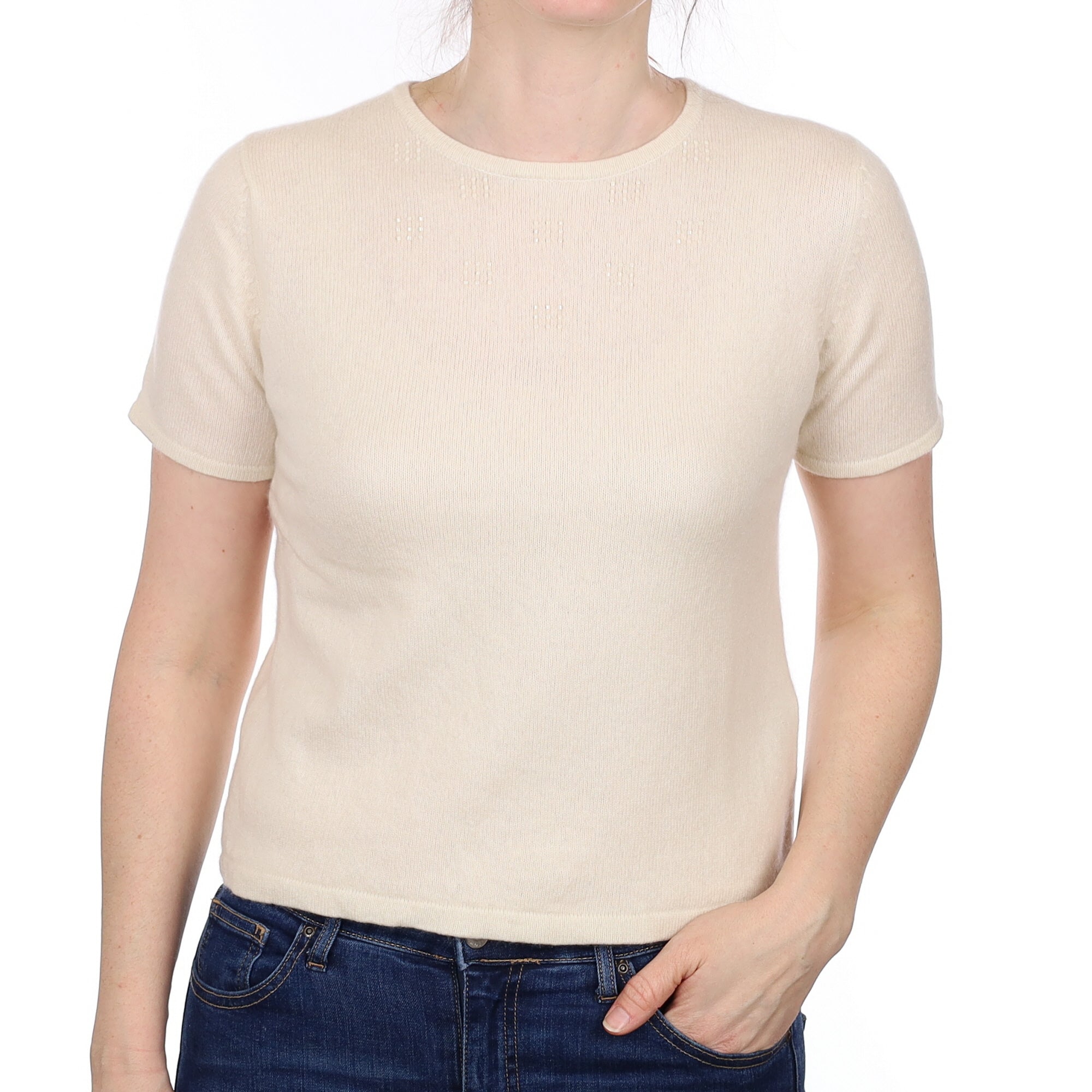 Cream Embellished Cashmere Short Sleeve Crew Neck Jumper Small