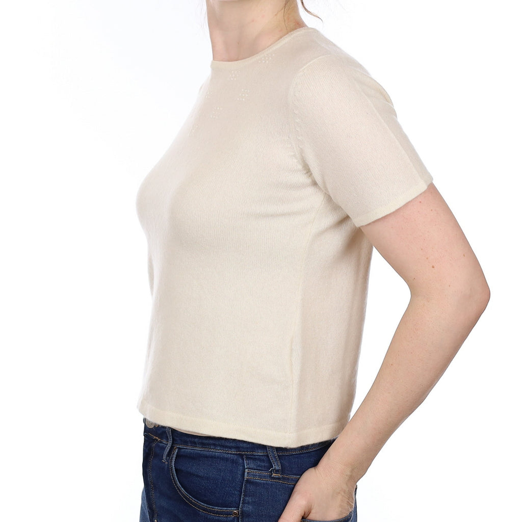 Cream Embellished Cashmere Short Sleeve Crew Neck Jumper Small