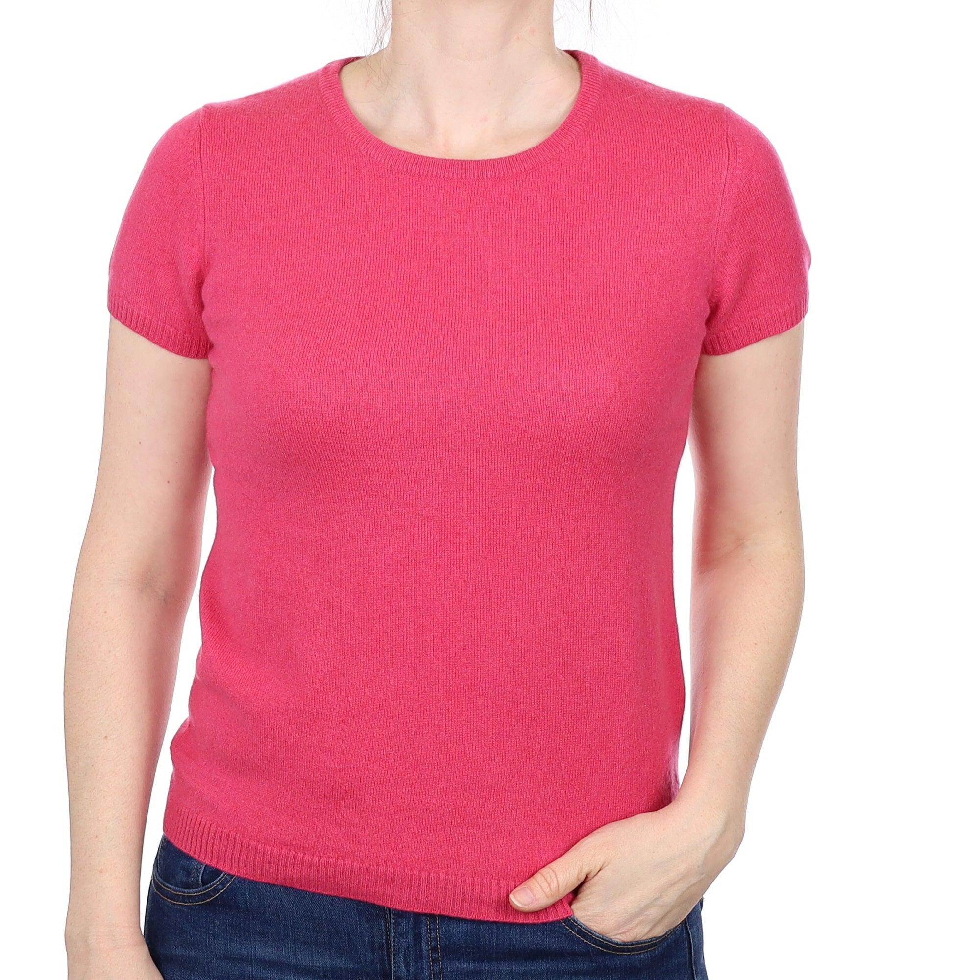 Raspberry Pink Cashmere Short Sleeved Crew Neck Jumper Small