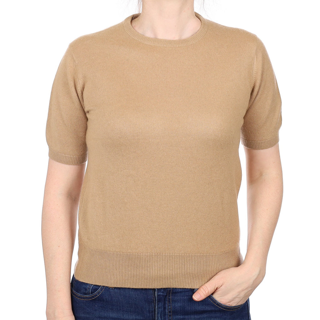 Camel Cashmere Short Sleeve Crew Neck Jumper Small