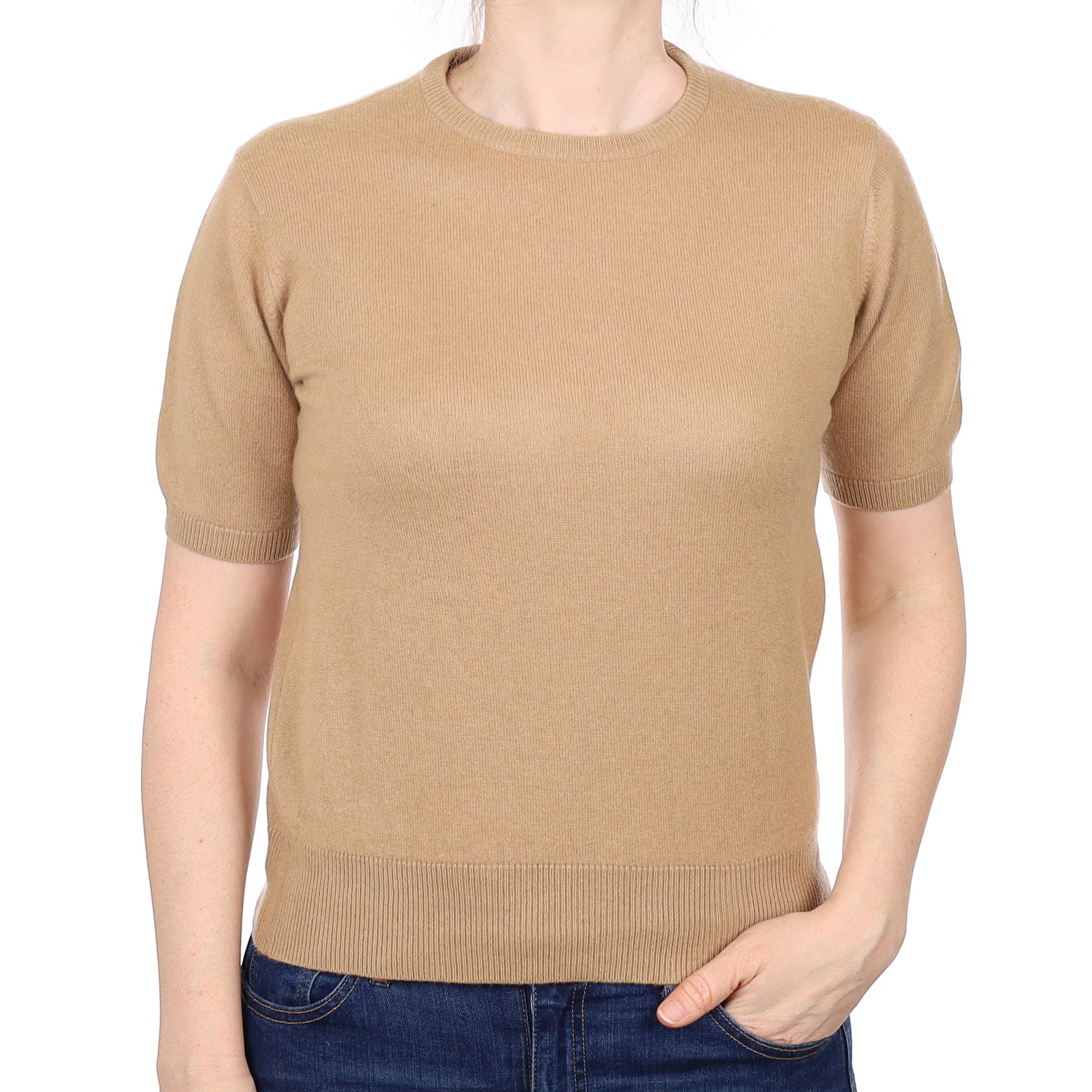 Camel Cashmere Short Sleeve Crew Neck Jumper Small