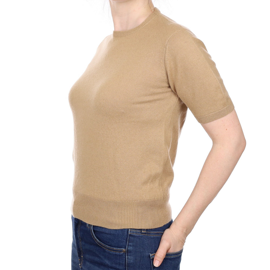 Camel Cashmere Short Sleeve Crew Neck Jumper Small