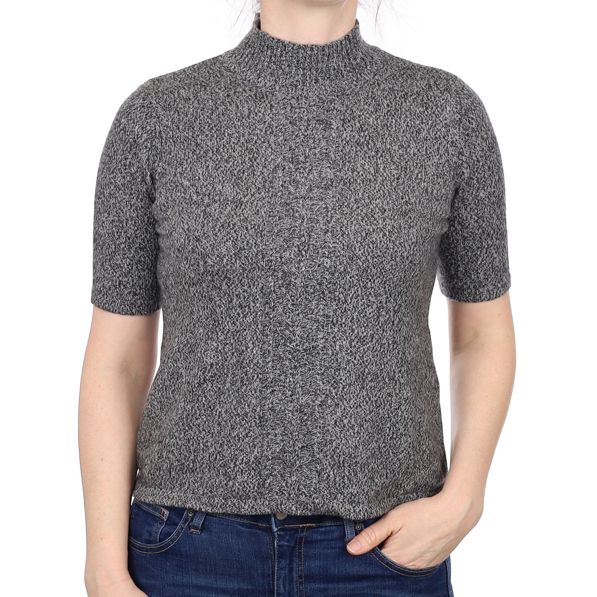Grey Marl Cashmere Short Sleeve Turtle Neck Jumper Small