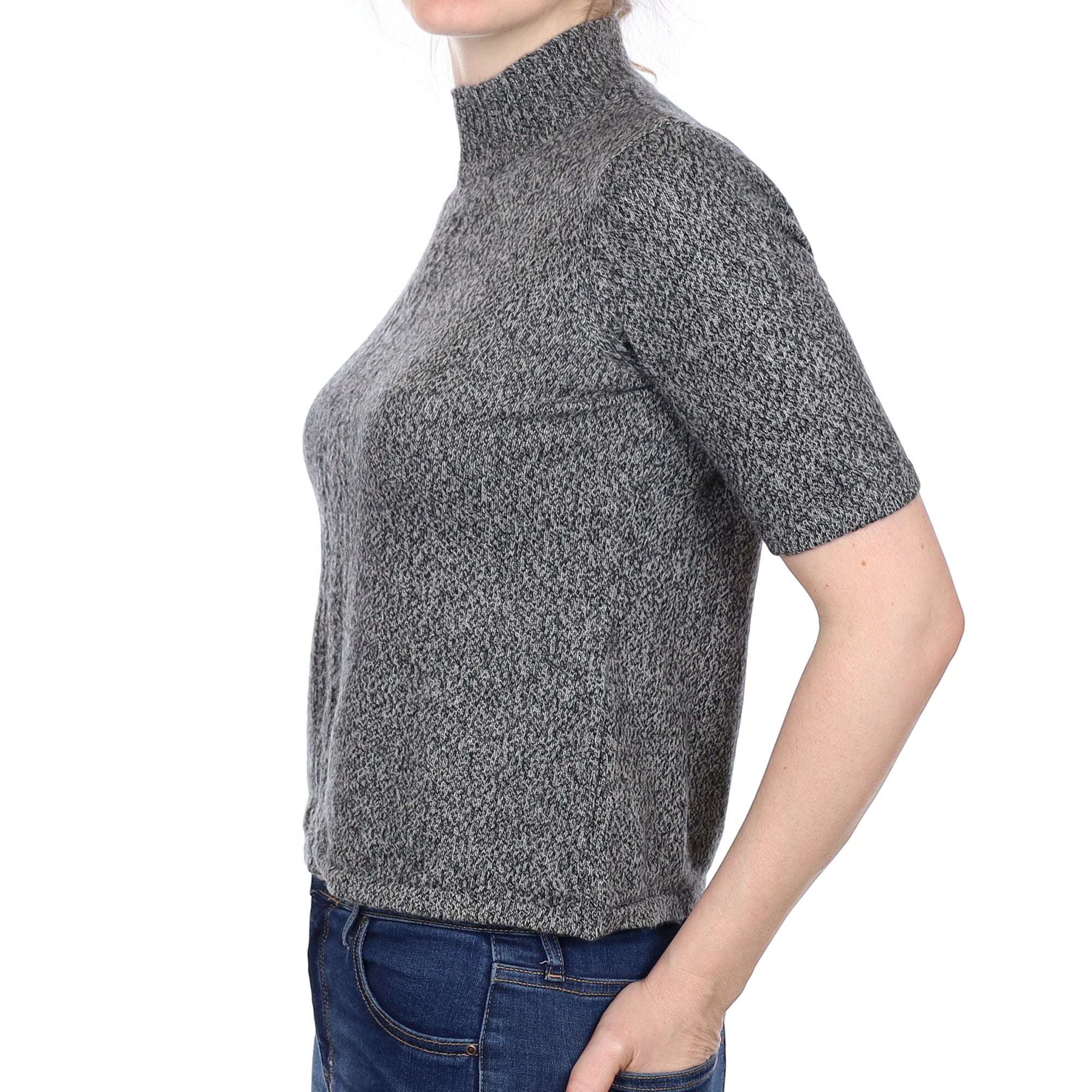 Grey Marl Cashmere Short Sleeve Turtle Neck Jumper Small