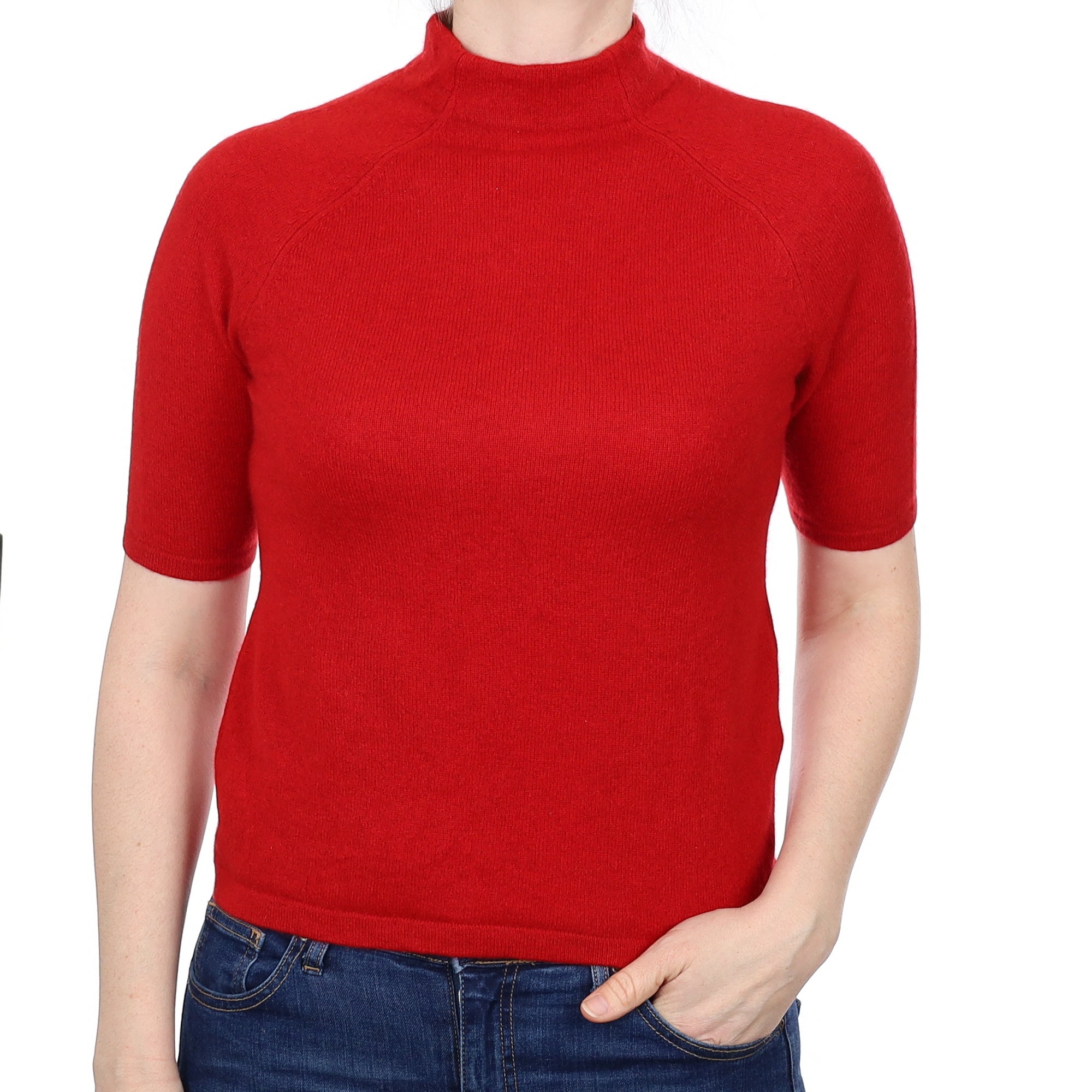 Post Box Red Cashmere Short Sleeve Turtle Neck Jumper Small