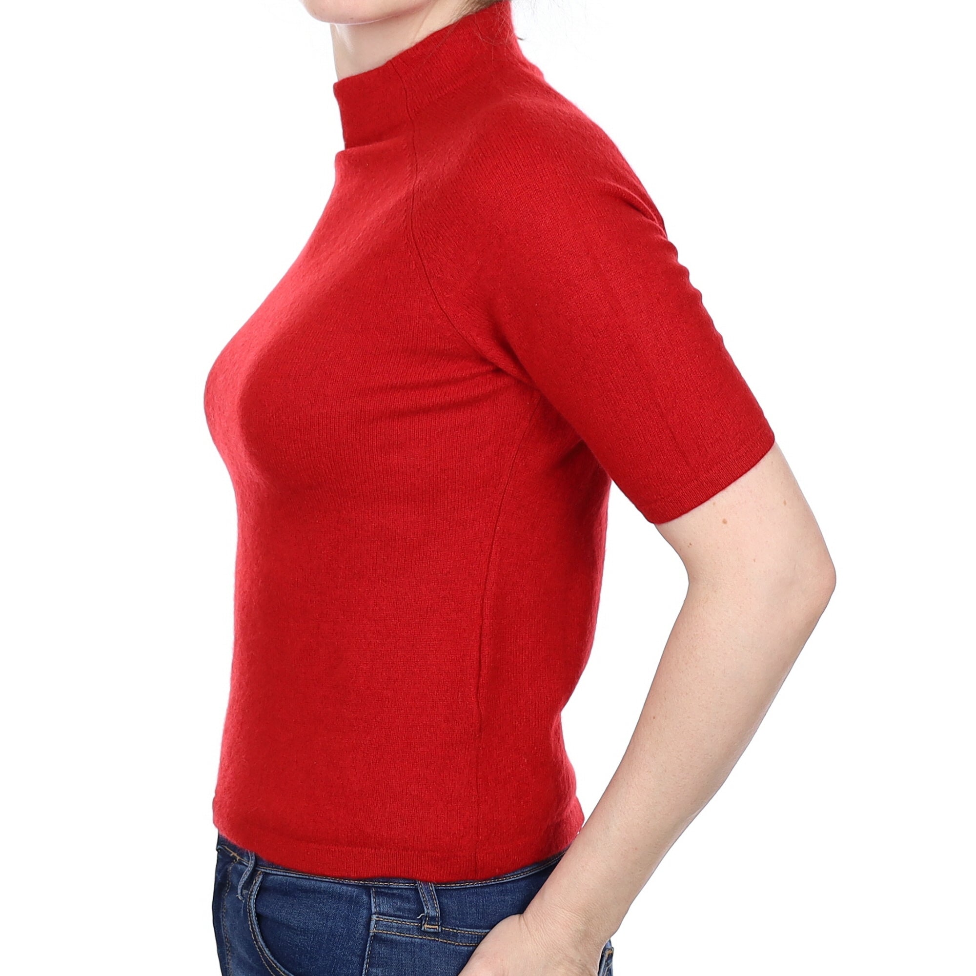 Post Box Red Cashmere Short Sleeve Turtle Neck Jumper Small