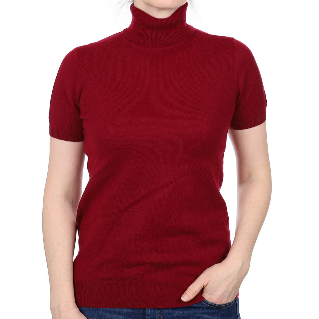 Wine Red Cashmere Short Sleeve Polo Neck Jumper Small