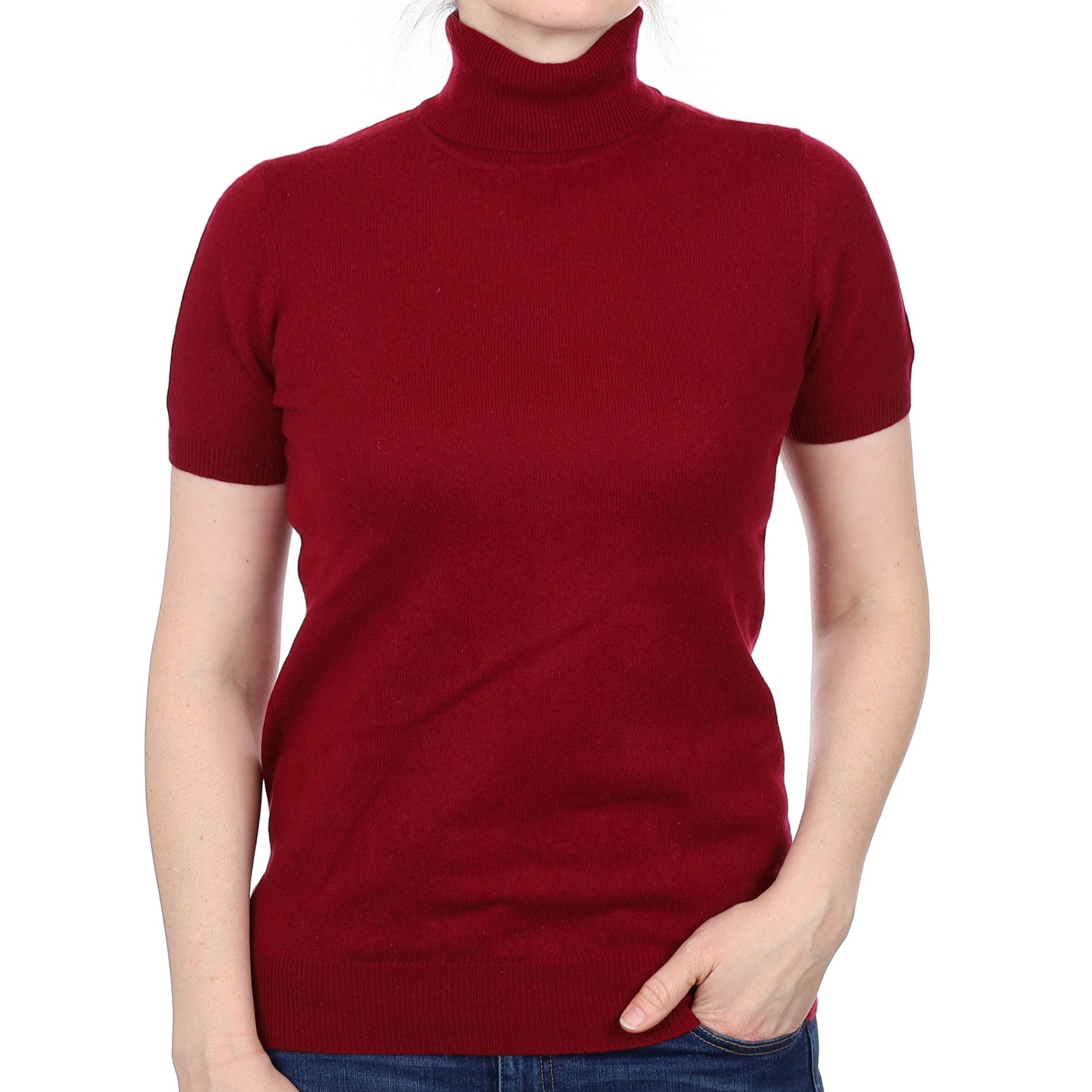 Wine Red Cashmere Short Sleeve Polo Neck Jumper Small