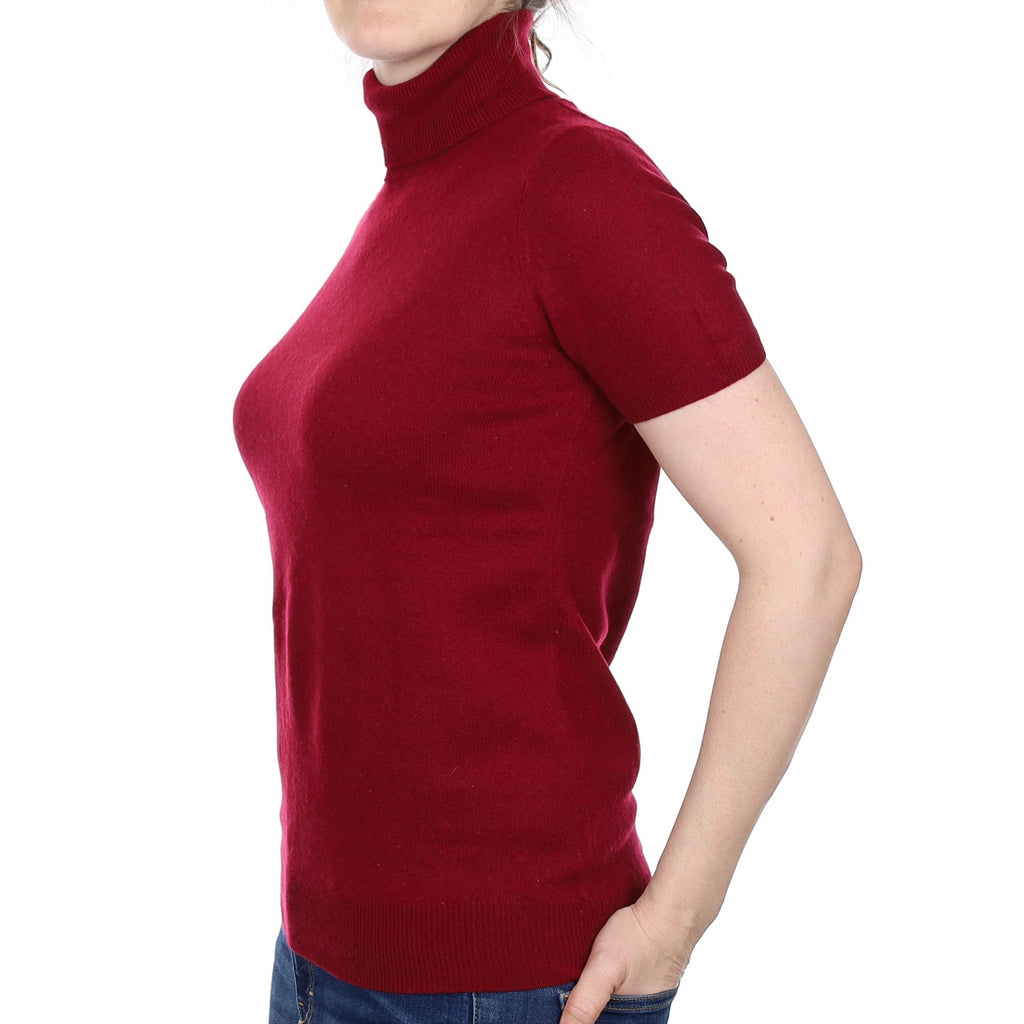 Wine Red Cashmere Short Sleeve Polo Neck Jumper Small