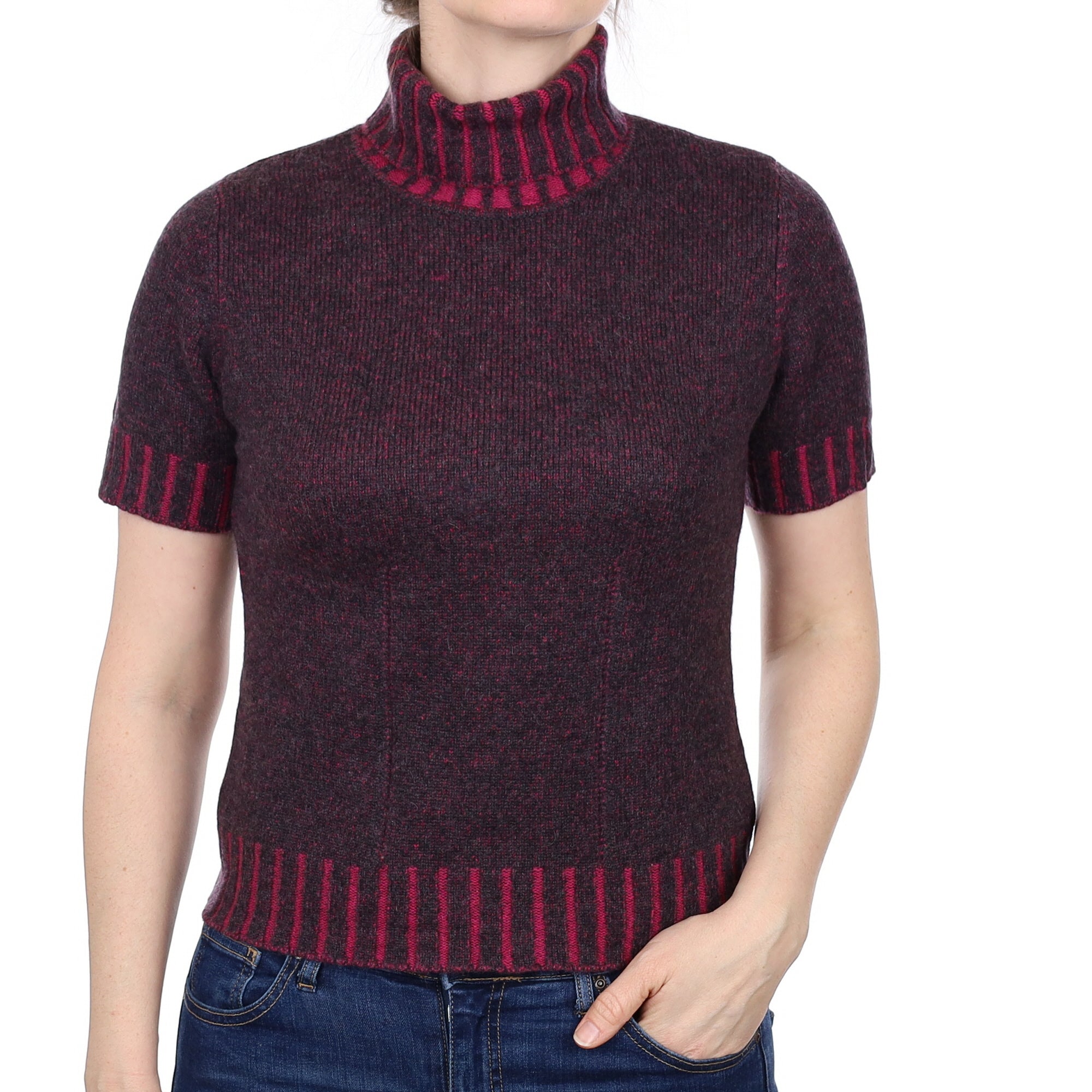 Magenta and Grey Marl Cashmere Short Sleeve Polo Neck Jumper Small