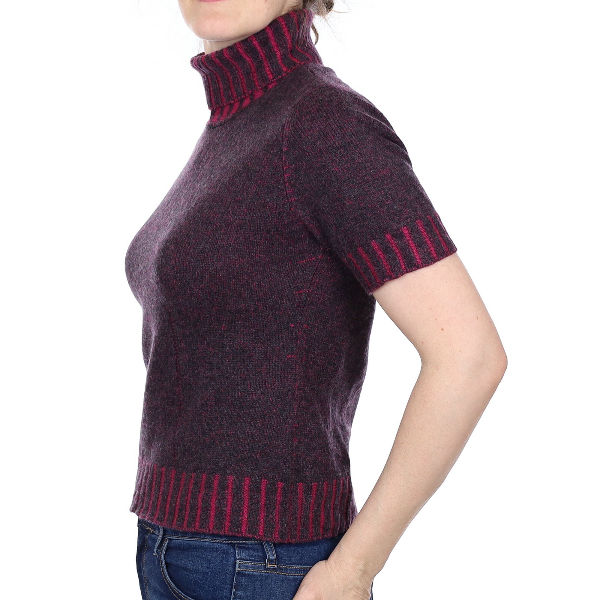 Magenta and Grey Marl Cashmere Short Sleeve Polo Neck Jumper Small
