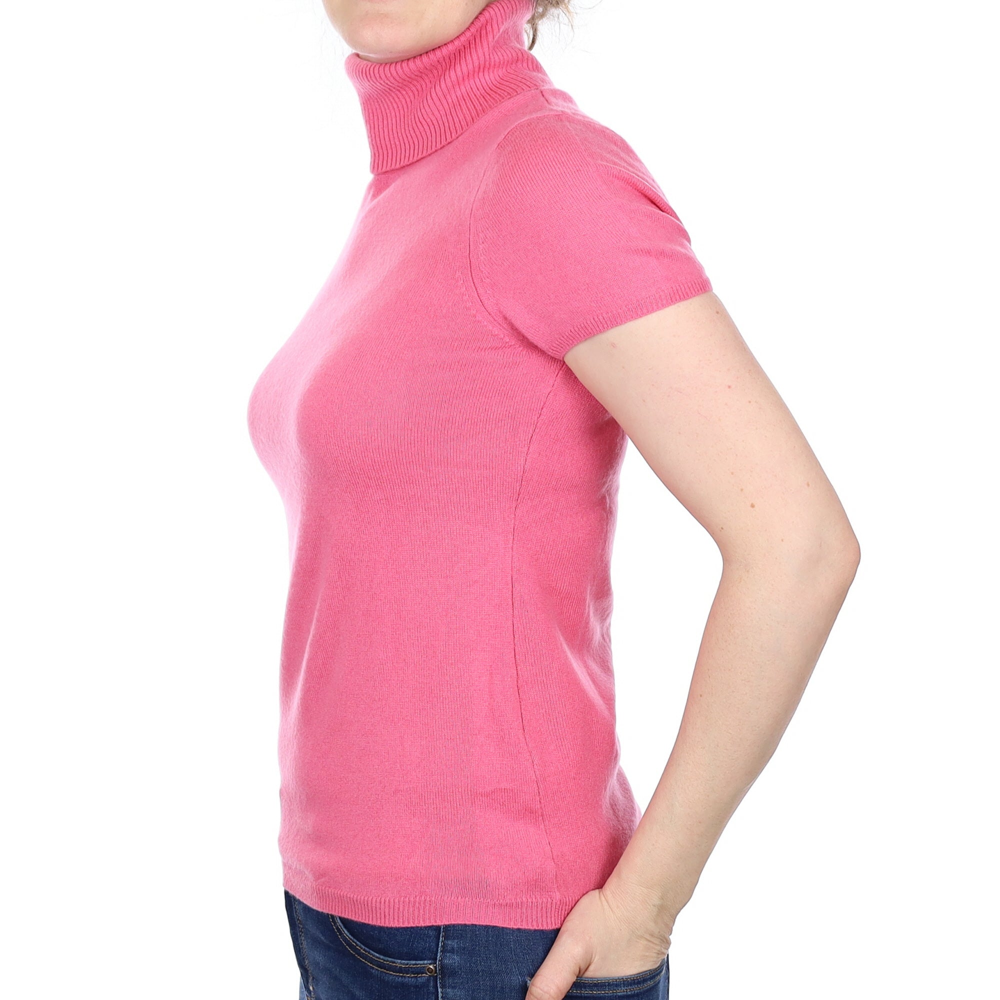 Lupin Pink Cashmere Short Sleeve Polo Neck Jumper Small