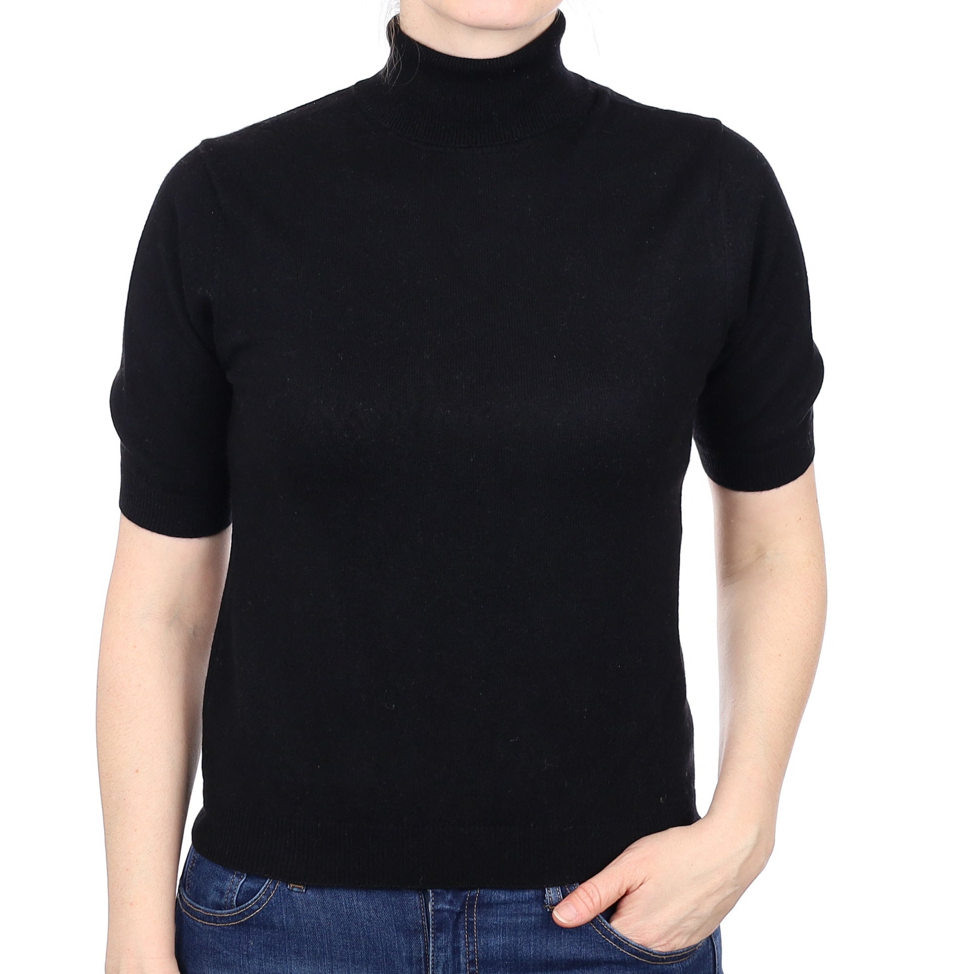 Black Cashmere Short Sleeved Polo Neck Jumper Small