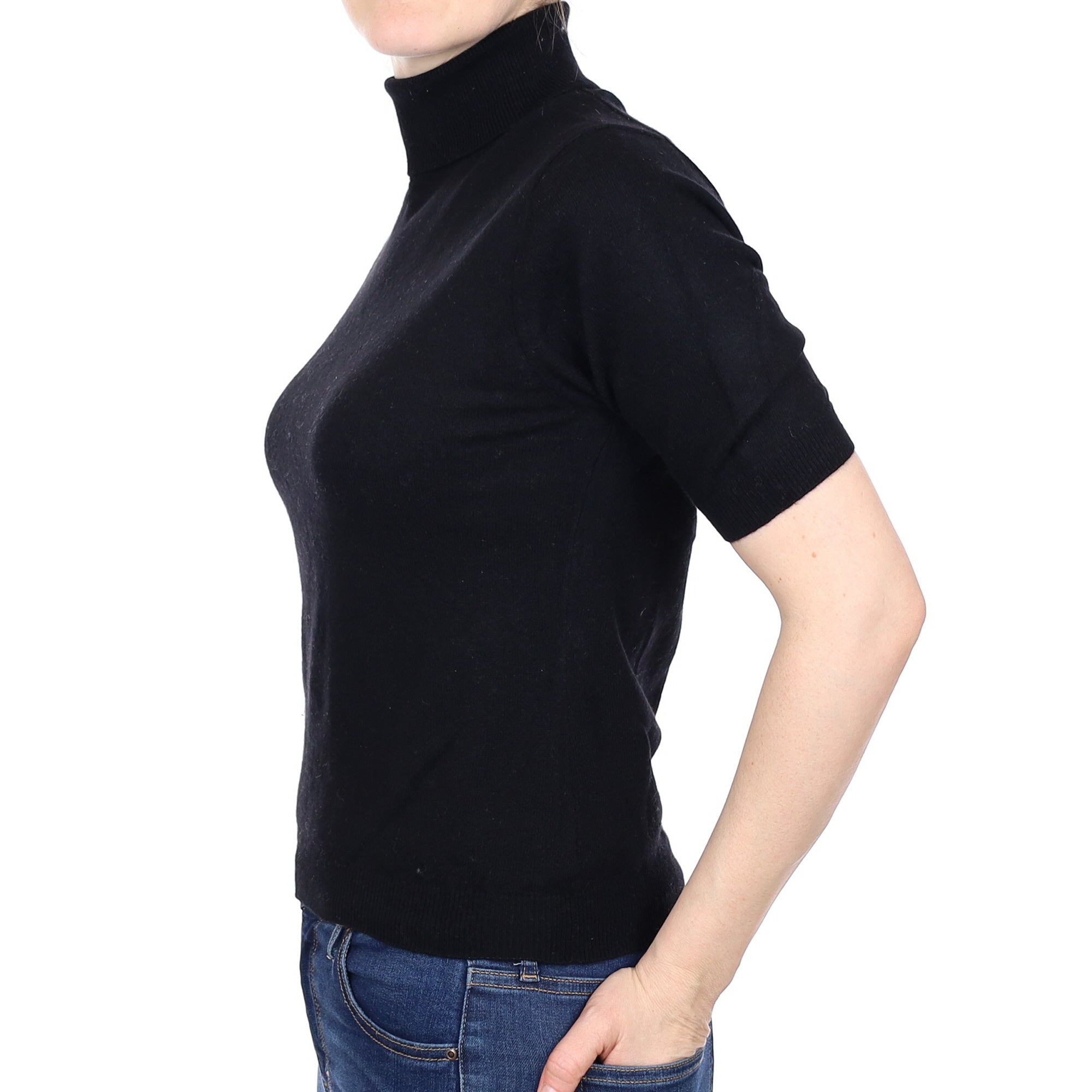 Black Cashmere Short Sleeved Polo Neck Jumper Small