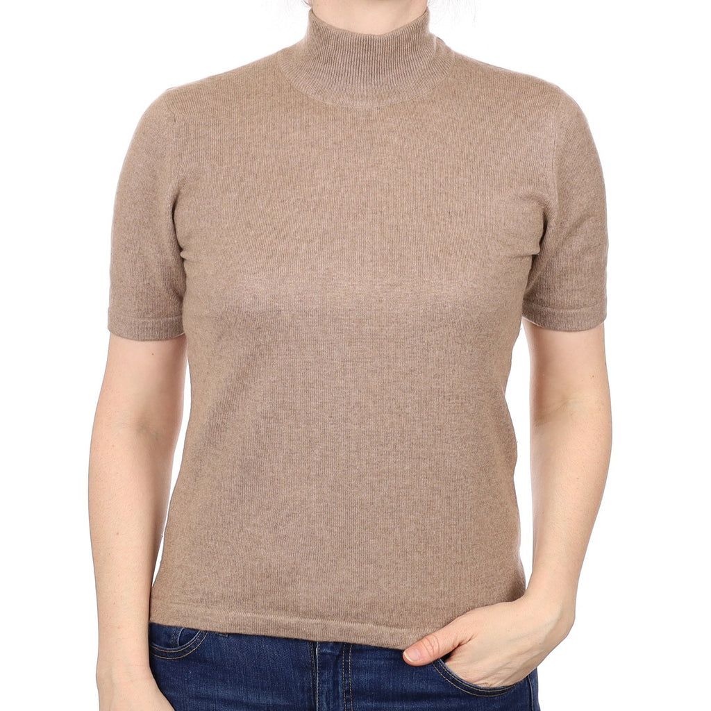 Taupe Brown Cashmere Short Sleeved Polo Neck Jumper Small