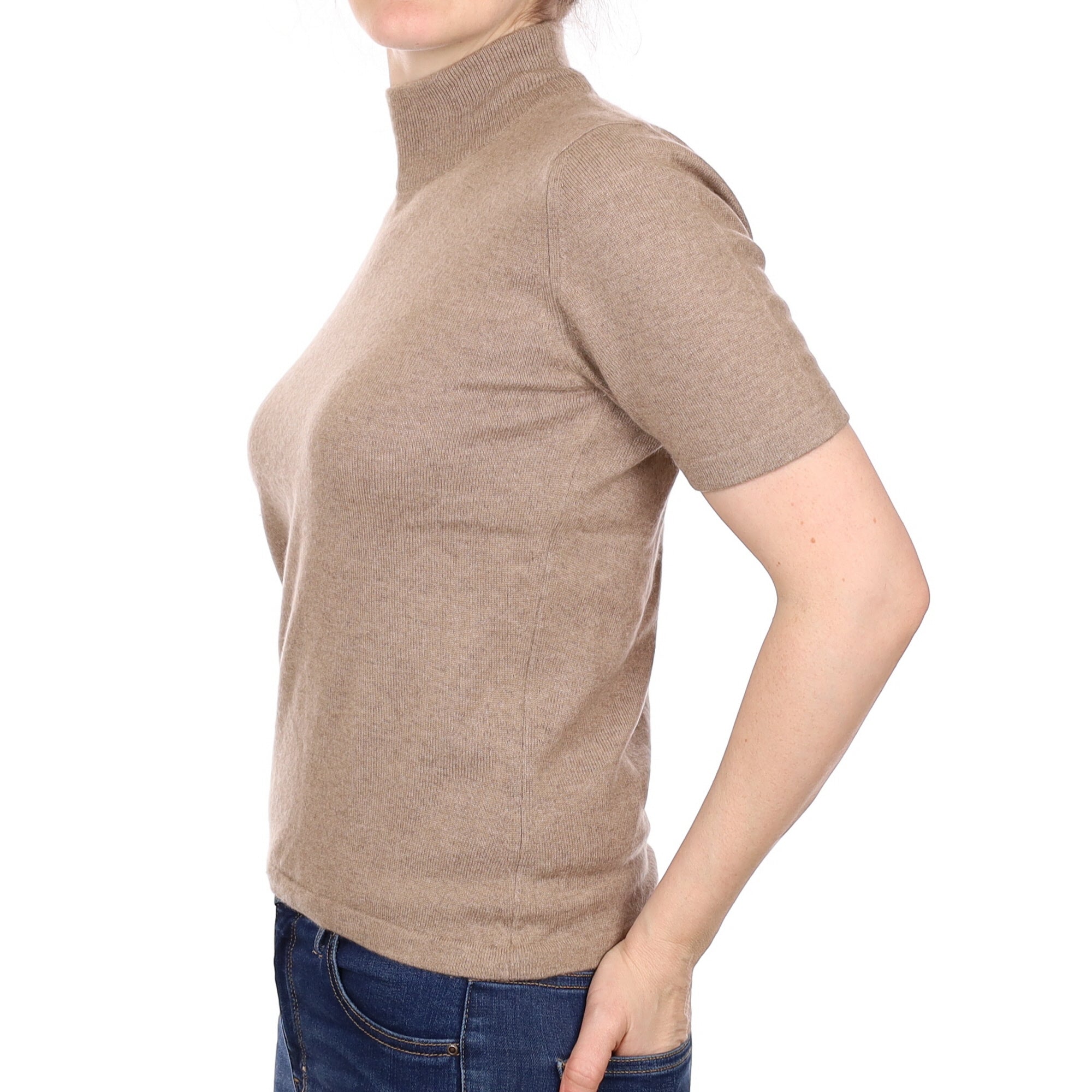 Taupe Brown Cashmere Short Sleeved Polo Neck Jumper Small