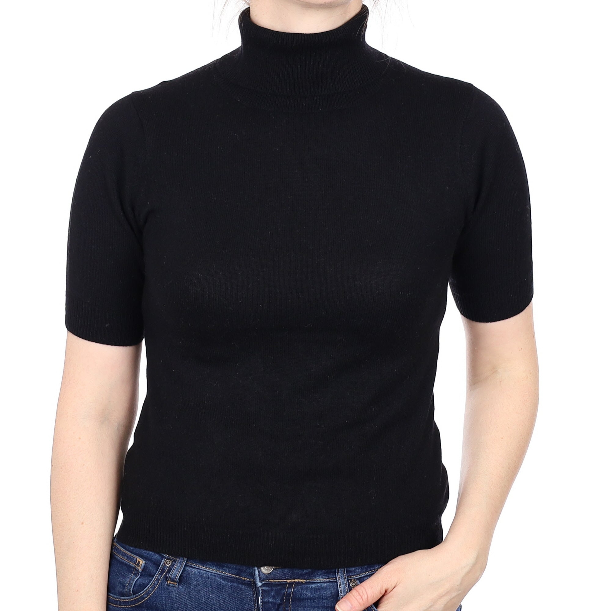 Black Cashmere Short Sleeved Polo Neck Jumper Small