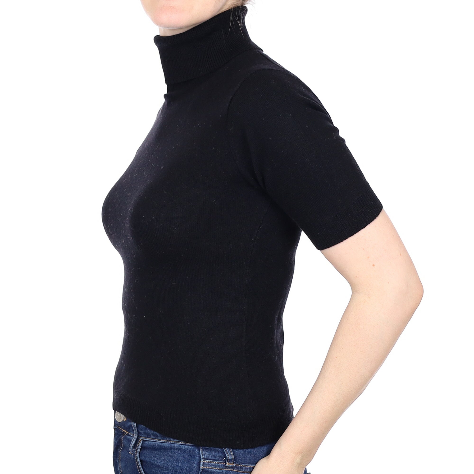 Black Cashmere Short Sleeved Polo Neck Jumper Small