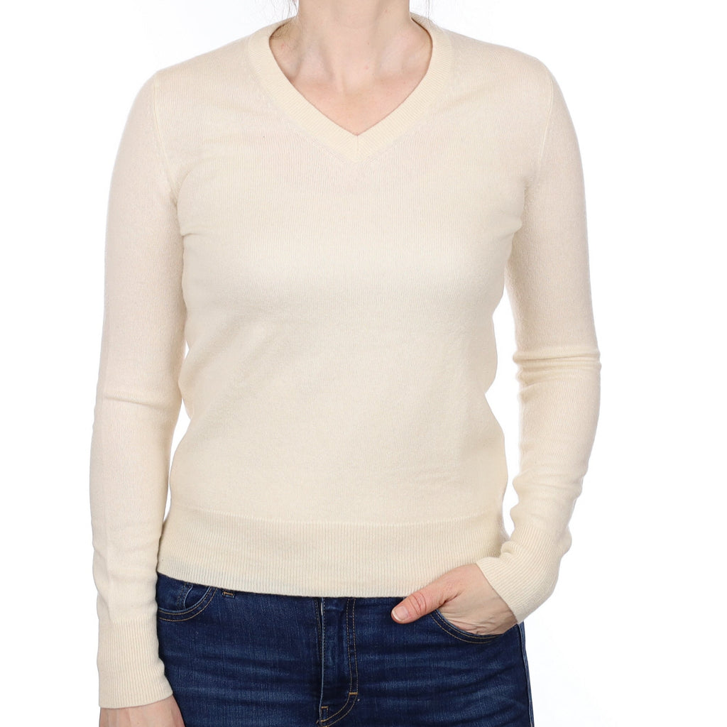 Vanilla Cream Cashmere V Neck Jumper Small