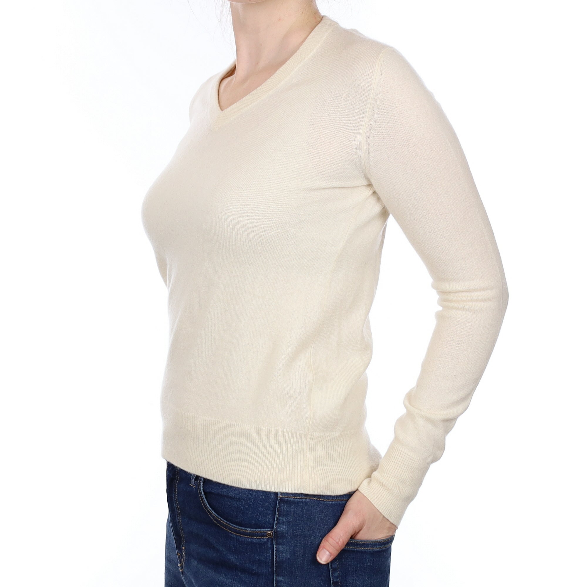 Vanilla Cream Cashmere V Neck Jumper Small