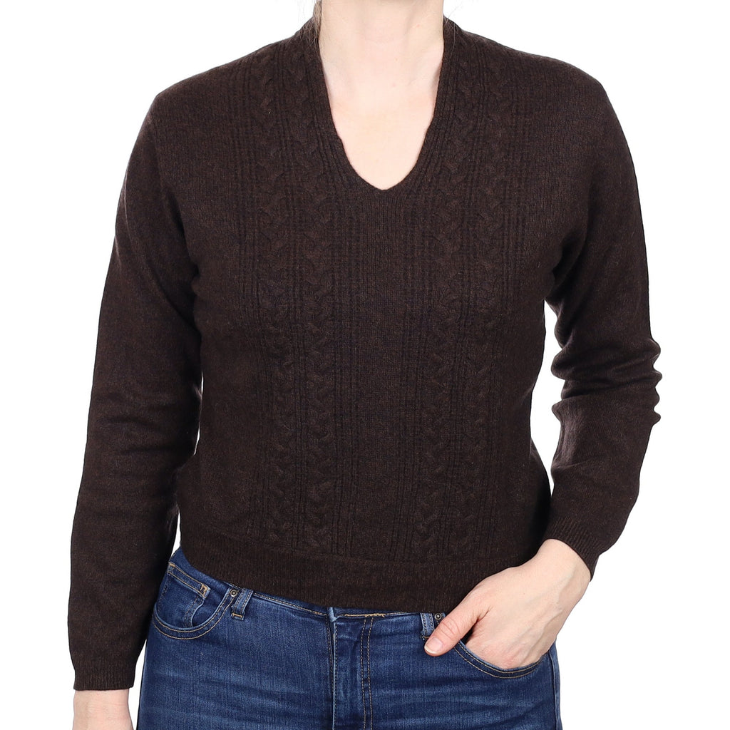 Peppercorn Brown Cashmere Cable V Neck Jumper Small