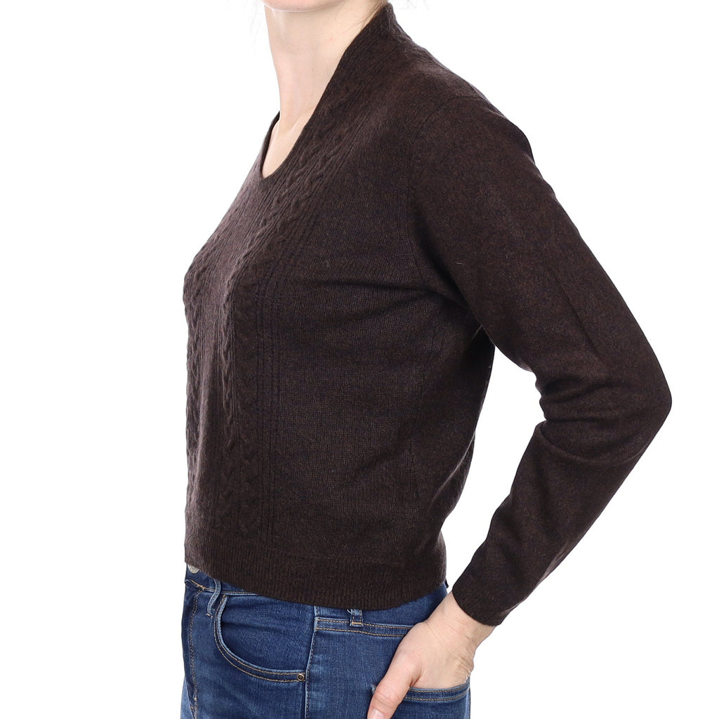 Peppercorn Brown Cashmere Cable V Neck Jumper Small
