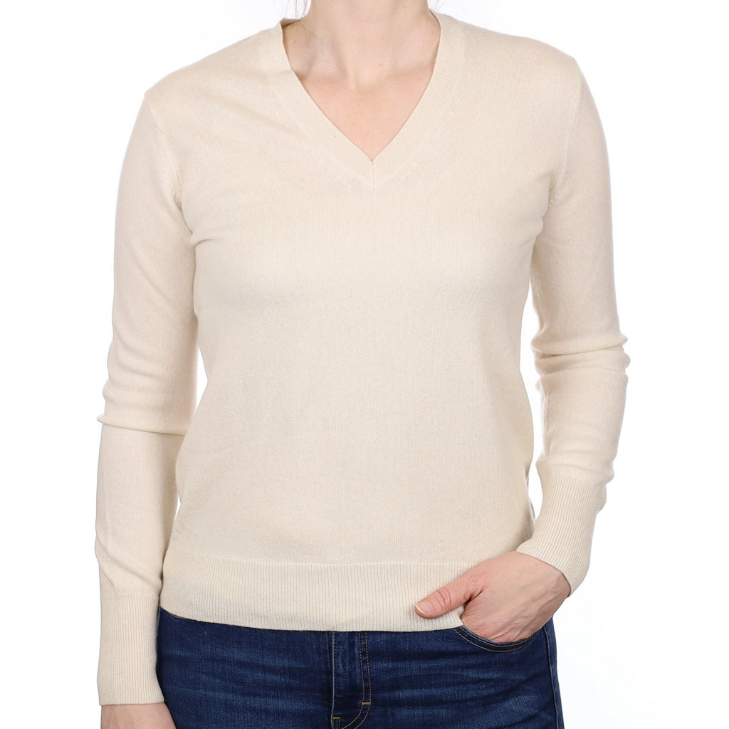Vanilla Cream Cashmere V Neck Jumper Small