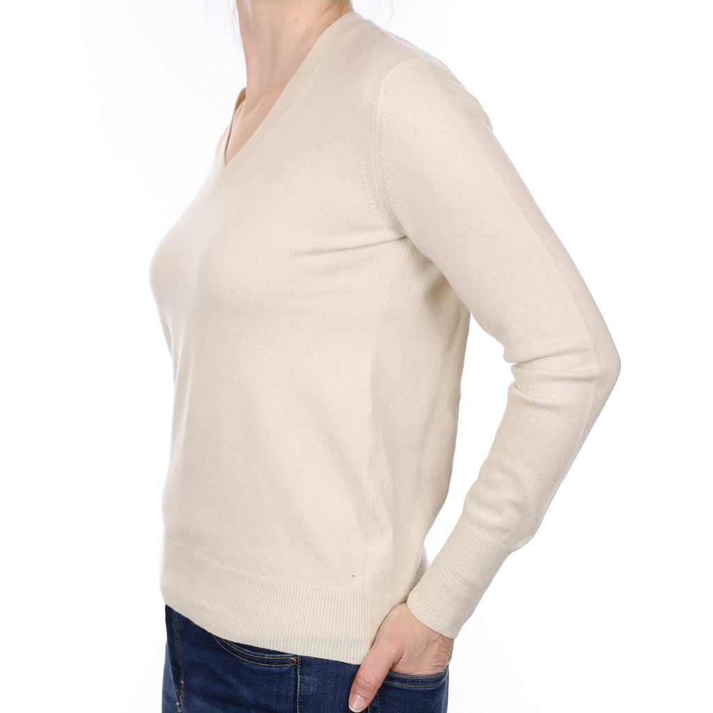 Vanilla Cream Cashmere V Neck Jumper Small