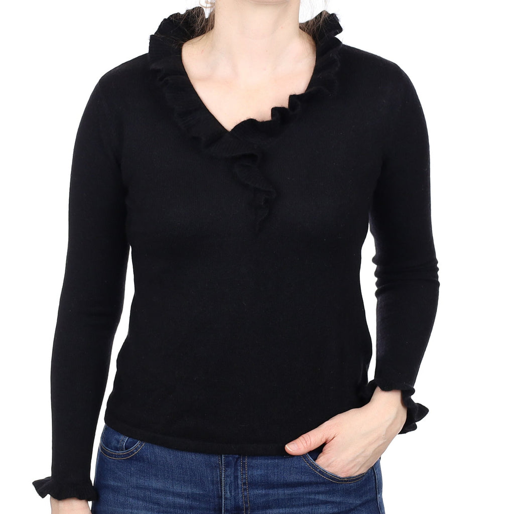 Black Ruffle Edge Cashmere V Neck Jumper Small