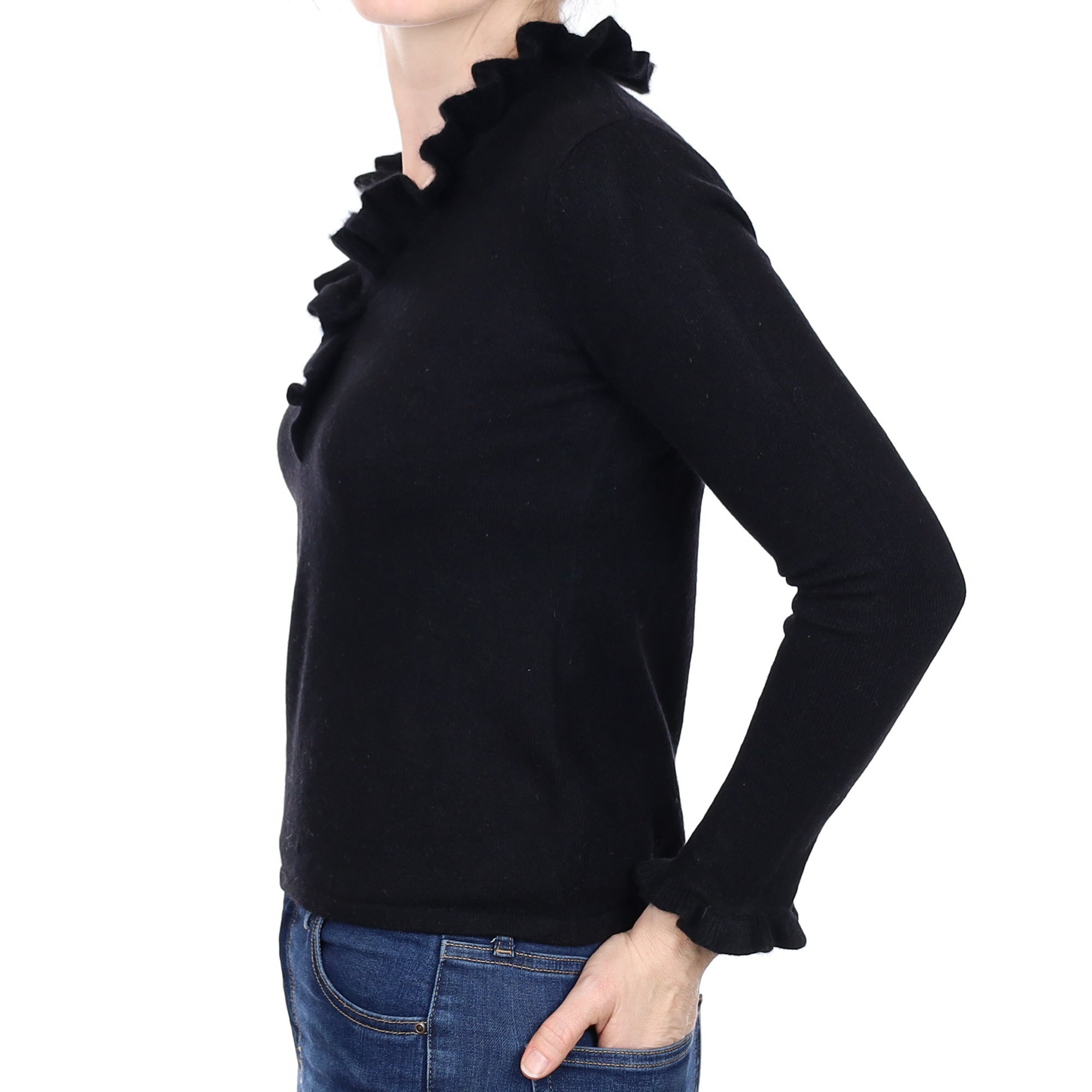 Black Ruffle Edge Cashmere V Neck Jumper Small