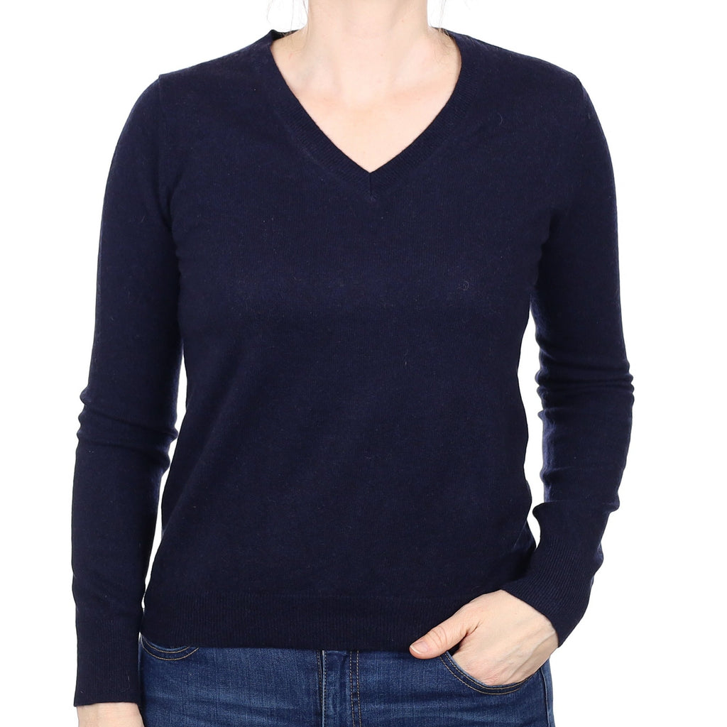 Navy Blue Cashmere V Neck Jumper Small