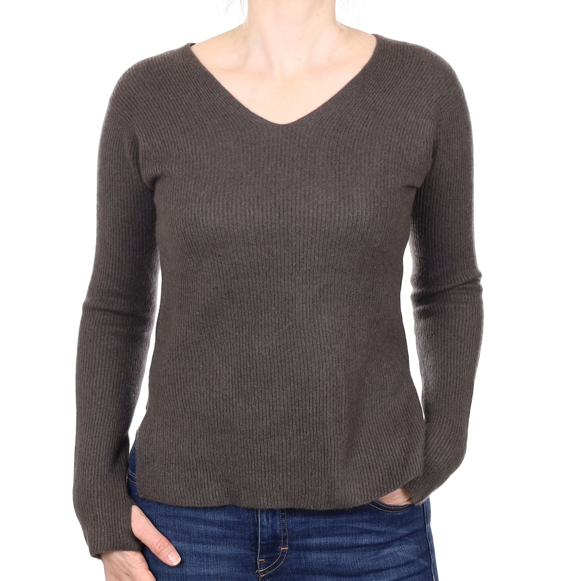 Mole Brown Cashmere Ribbed V Neck Jumper Small