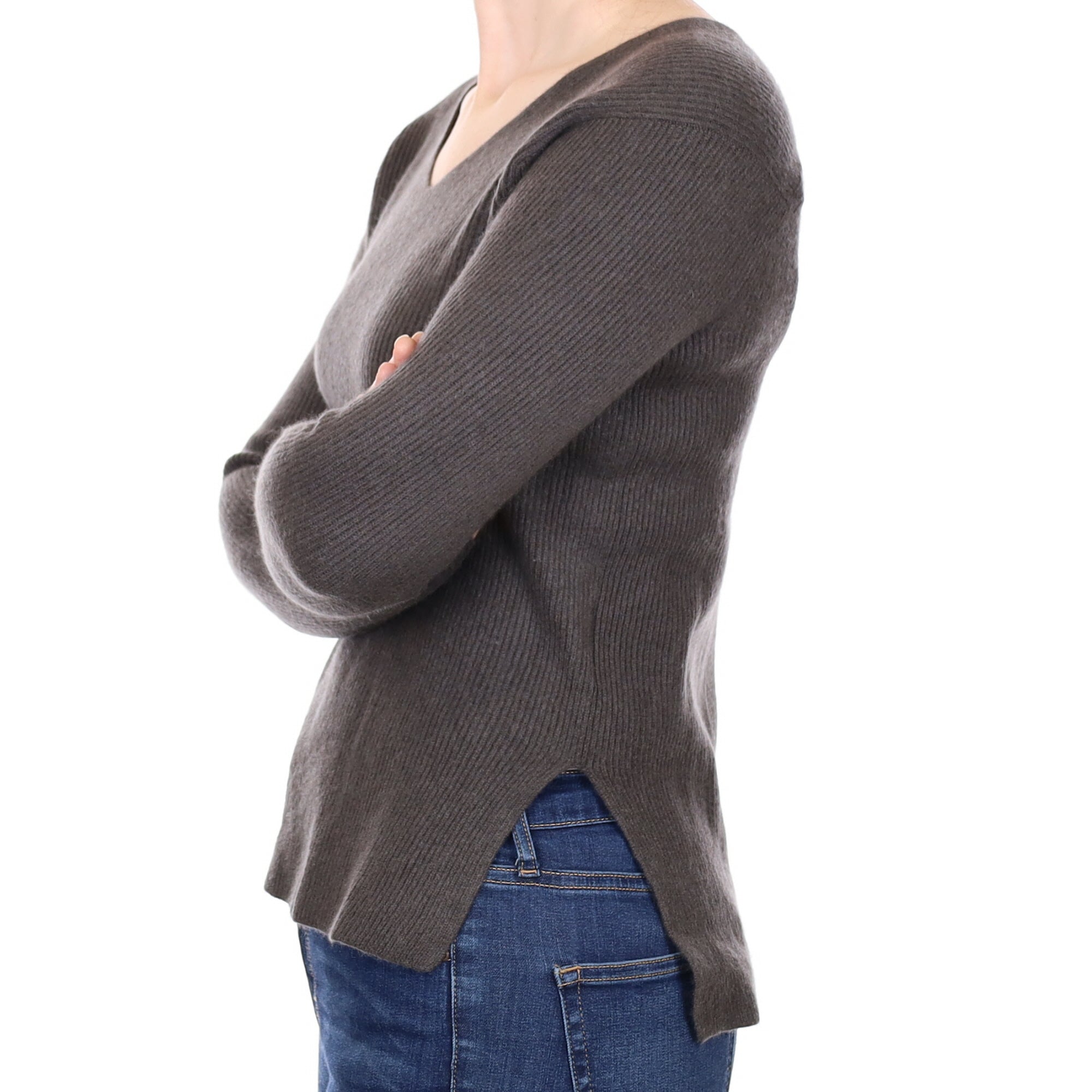 Mole Brown Cashmere Ribbed V Neck Jumper Small