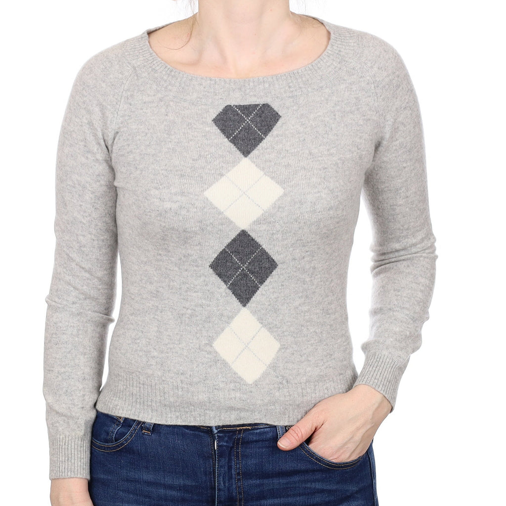 Smoke Grey Diamond Pattern Cashmere Crew Neck Jumper Small