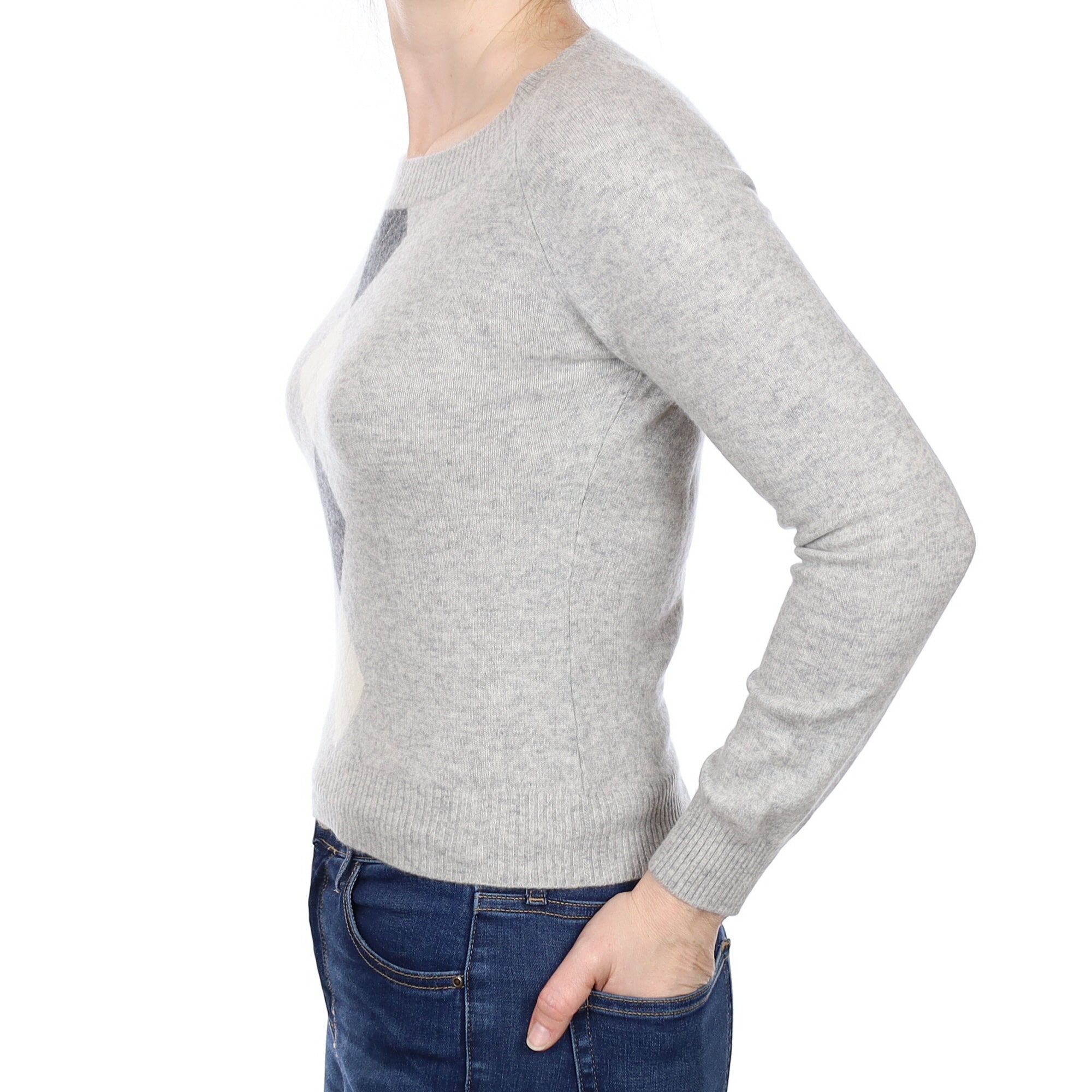 Smoke Grey Diamond Pattern Cashmere Crew Neck Jumper Small