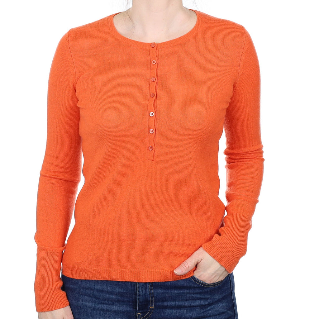 Tangerine Orange Cashmere  Button Crew Neck Jumper Small
