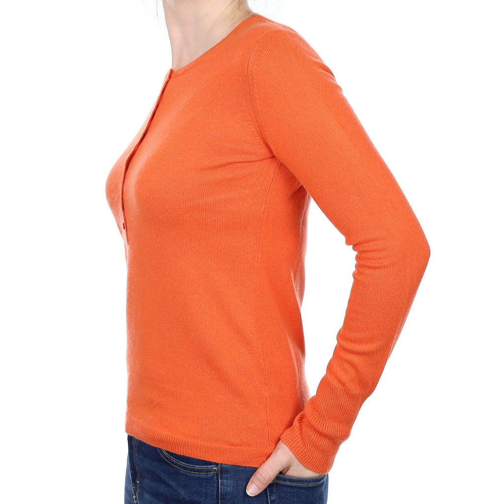 Tangerine Orange Cashmere  Button Crew Neck Jumper Small