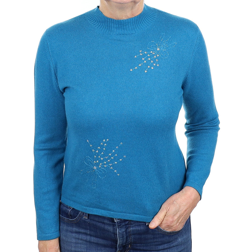 Teal Blue Diamanté Cashmere Turtleneck Jumper Medium