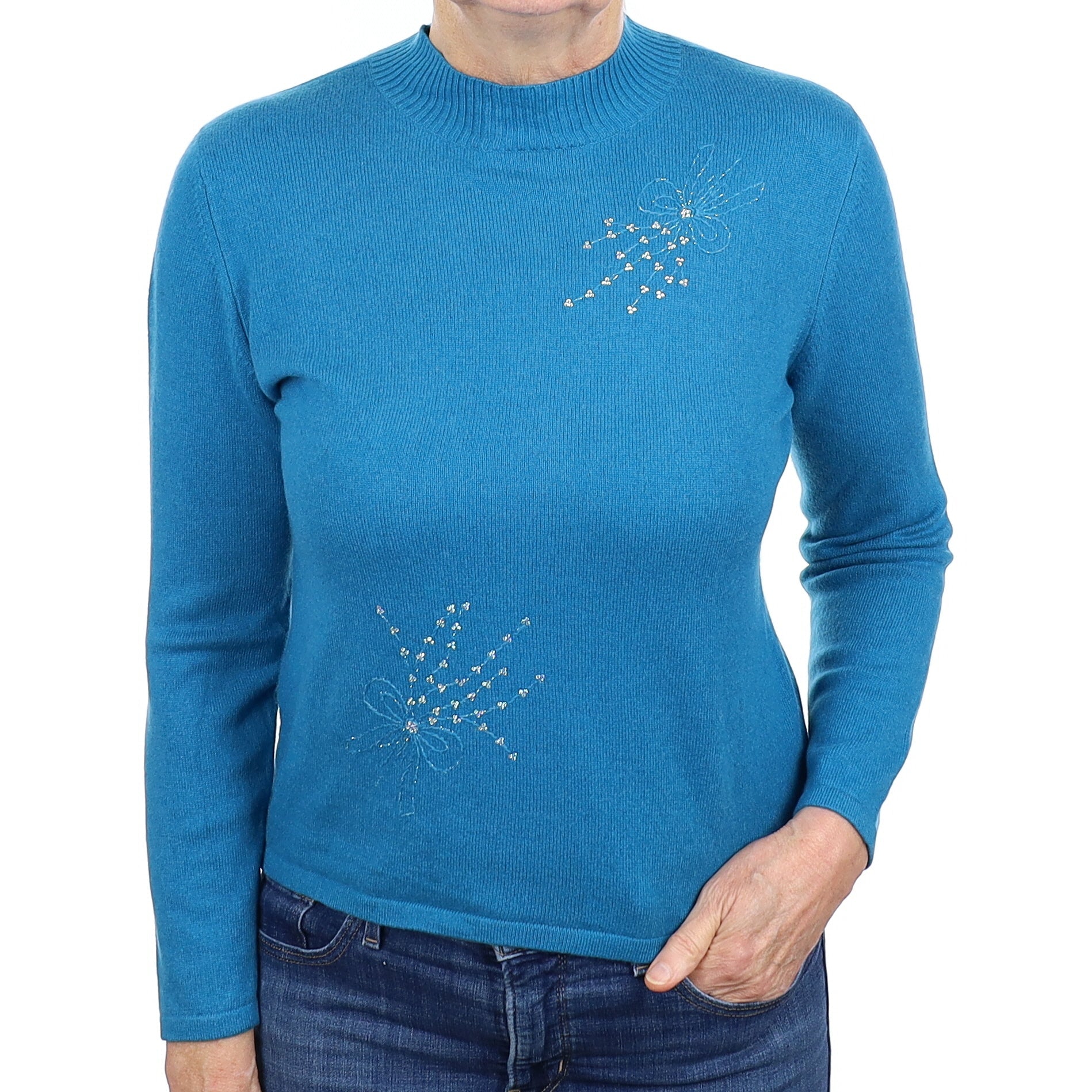 Teal Blue Diamanté Cashmere Turtleneck Jumper Medium