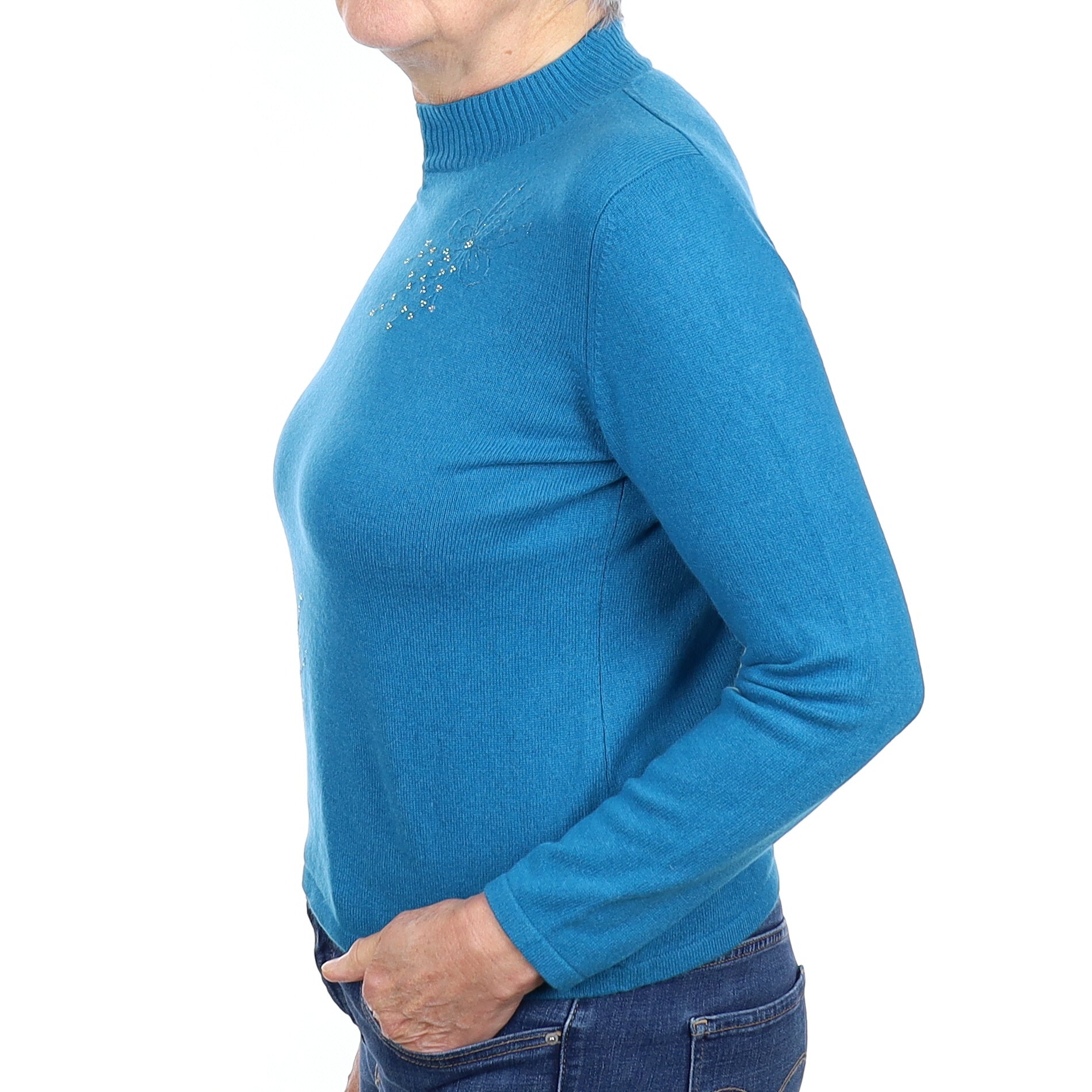 Teal Blue Diamanté Cashmere Turtleneck Jumper Medium