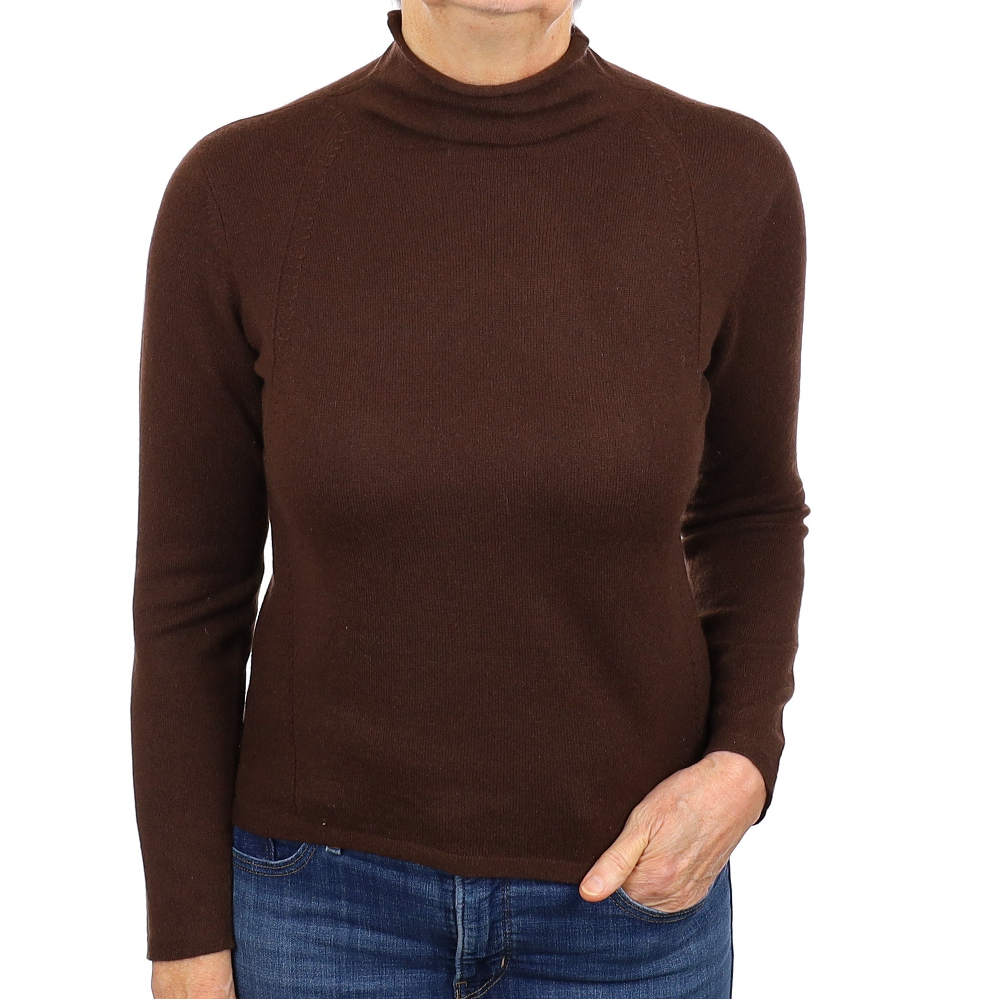 Chocolate Brown Cashmere Funnel Neck Jumper Medium