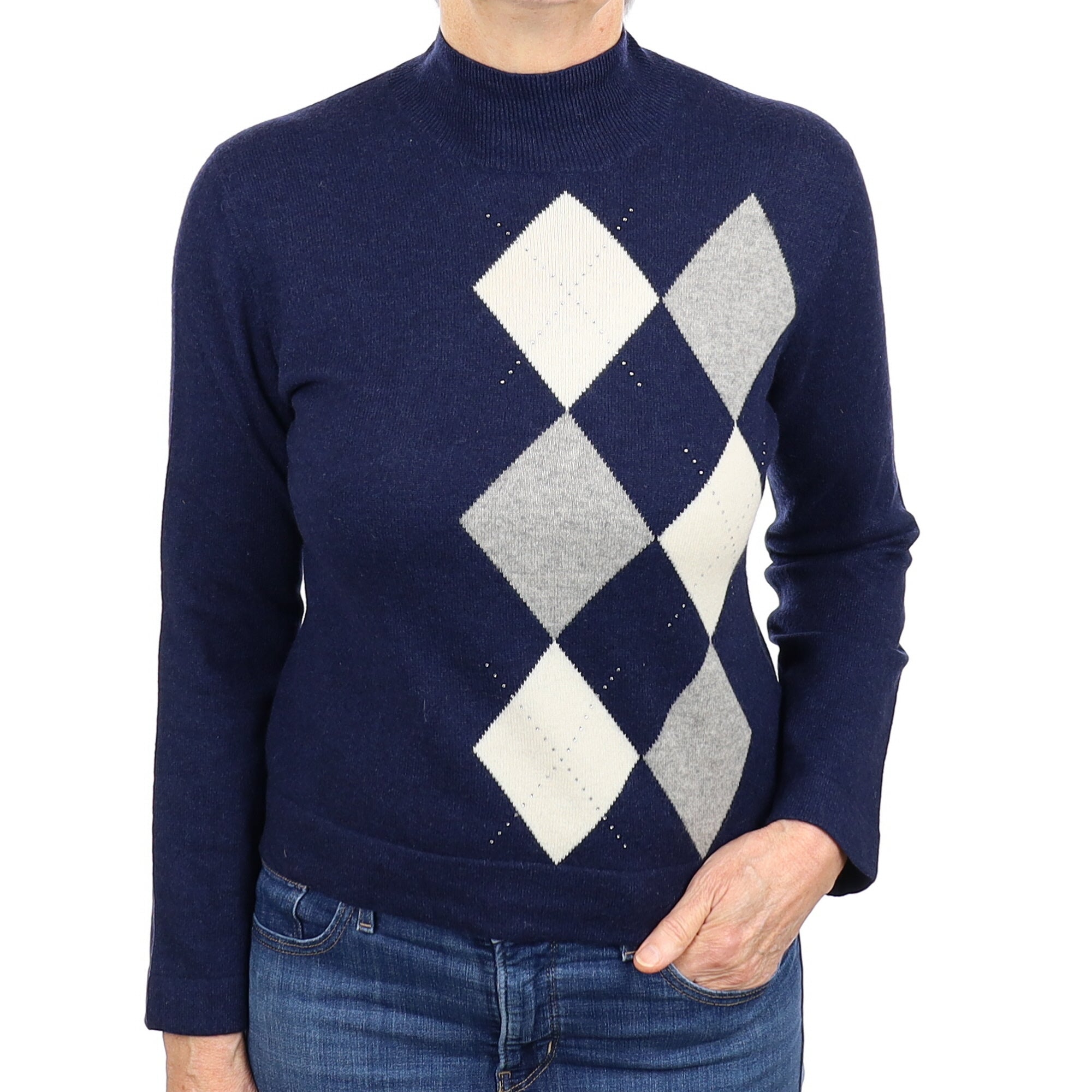 Navy Diamond Cashmere Turtleneck Jumper Medium