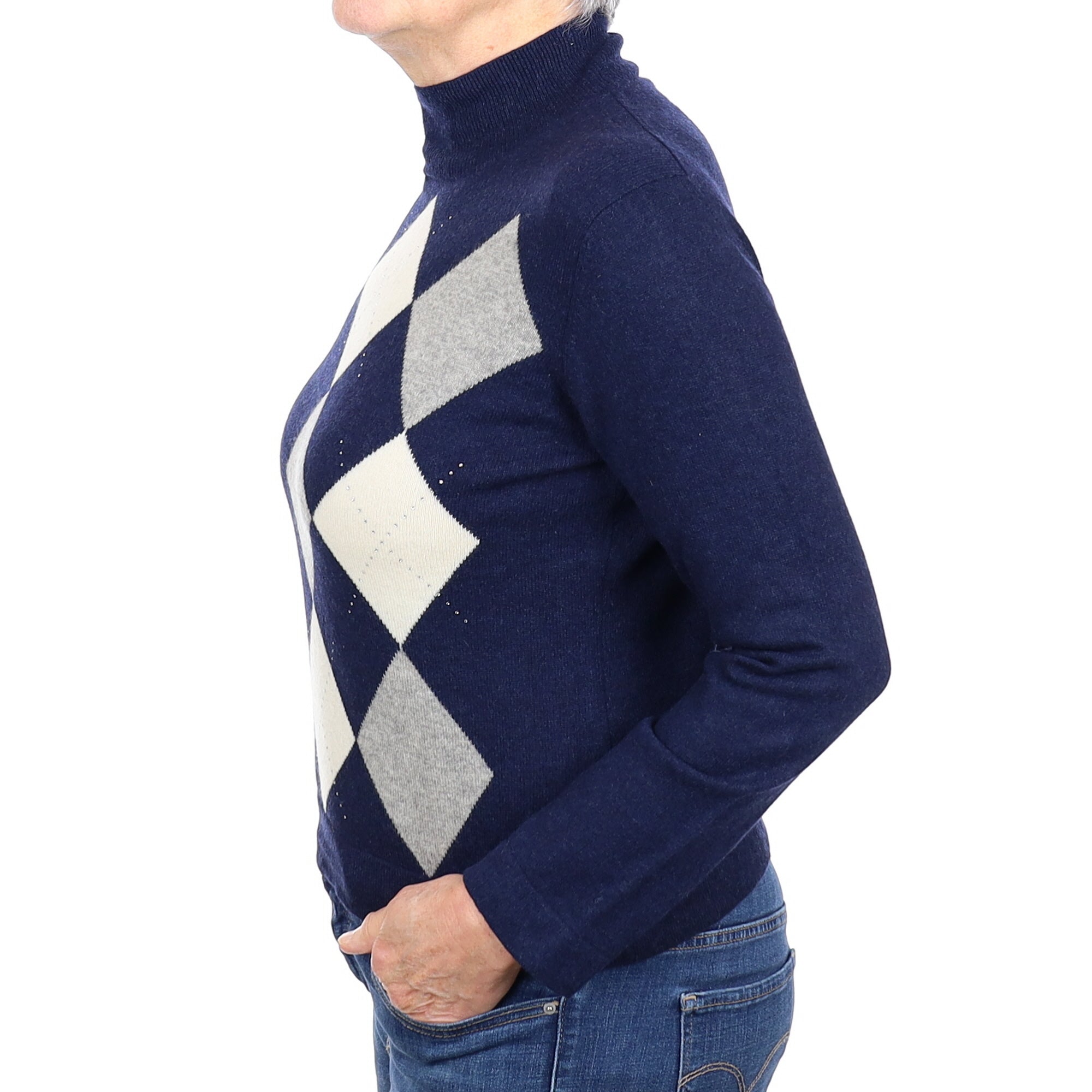 Navy Diamond Cashmere Turtleneck Jumper Medium